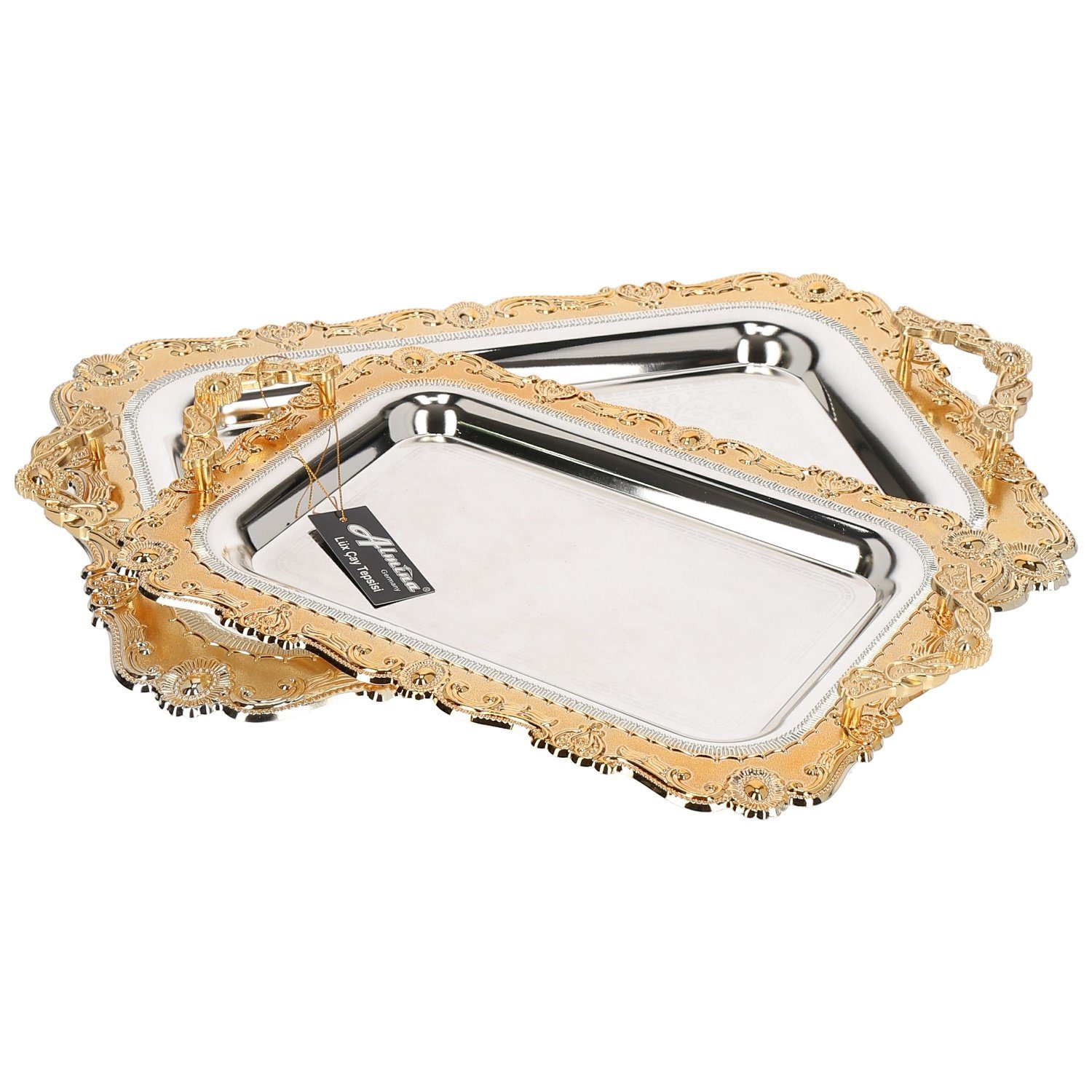 Almina Tablett 2-Teilig Gold/Silber Metallbrett Servierttablett aus Edelstahl 18/10, (2-tlg)