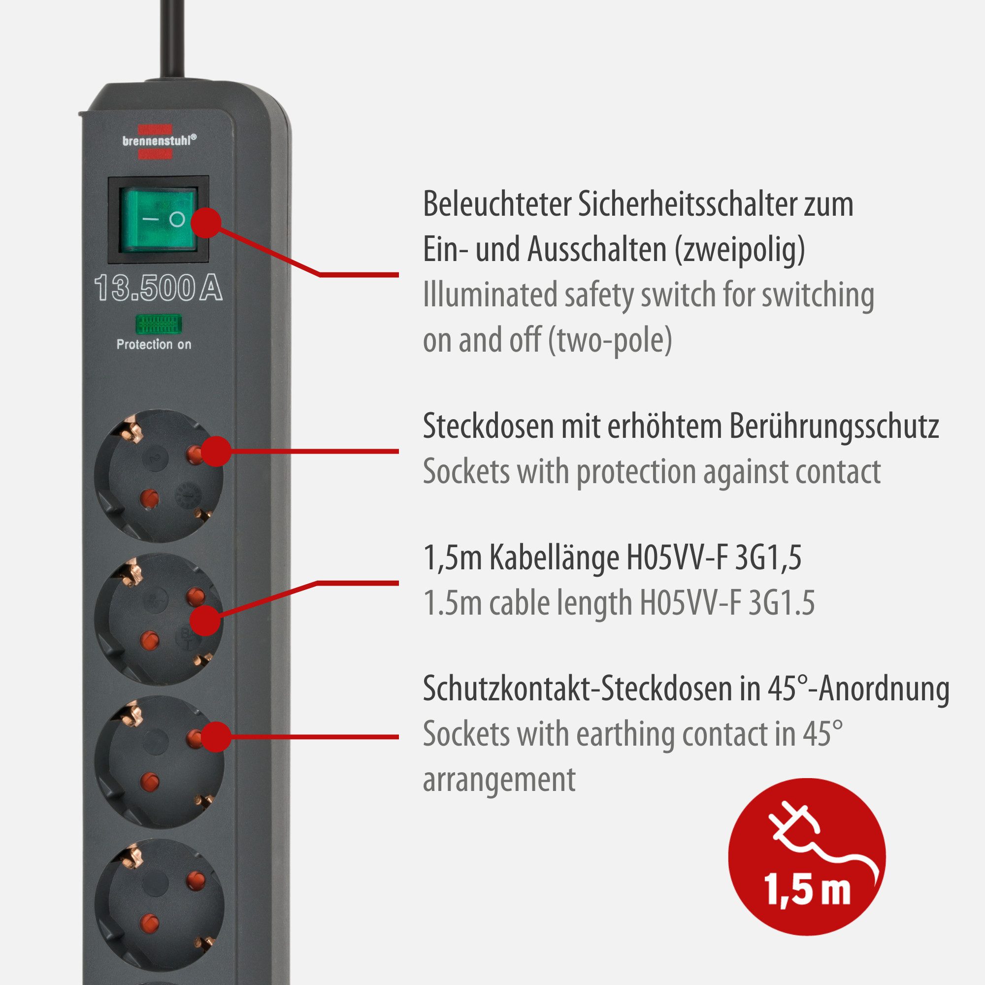 Brennenstuhl Eco-Line Steckdosenleiste 6-fach (Kabellänge 1.5 m)