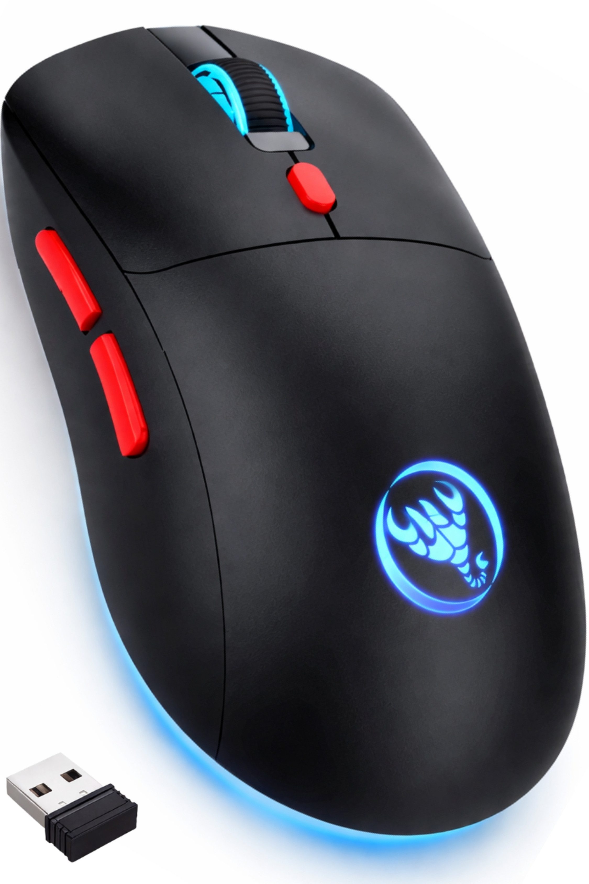 RUHE Gaming Maus RGB Kabellos Wireless Büro Laut Beleuchtung Plug & Play Maus (Funk, 2.5G, USB-Dongel, Kabelgebundene Aufladung, Drahtlos, Optische Maus, Ergonomisch, 4800 dpi, Einstellbar DPI Schwarz Weiß 6 Tasten 10M für Laptop/PC/Mac/Computer)