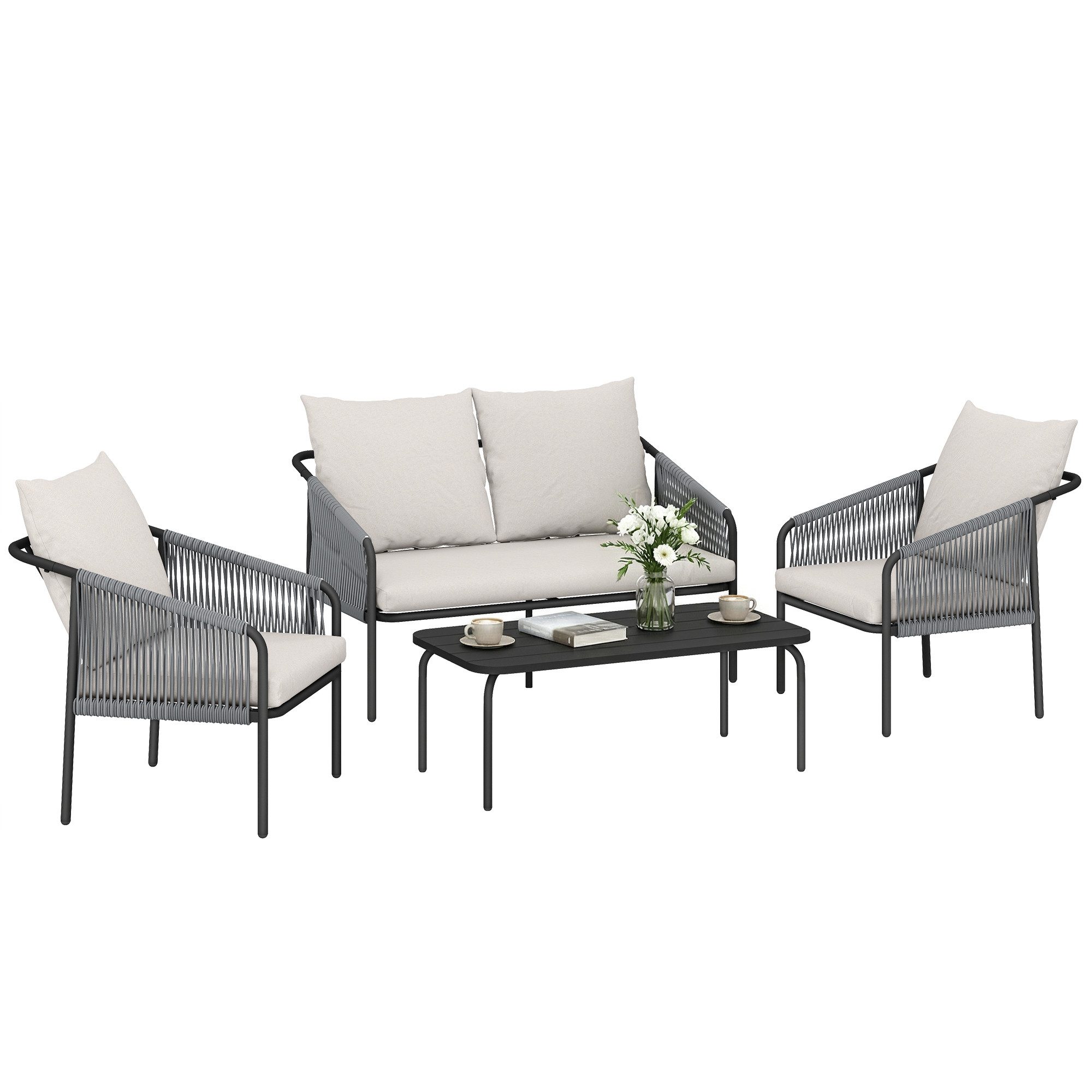 Outsunny Sitzgruppe Gartenmöbel Lounge mit Bindebändern Stahlrahmen Balkonmöbel Khaki, (Set, 4-tlg., 1 Tisch, 2 Sessel, 1 Zweisitzer), 4-teilig, inkl. Polster, wetterbeständiges Polyrattan