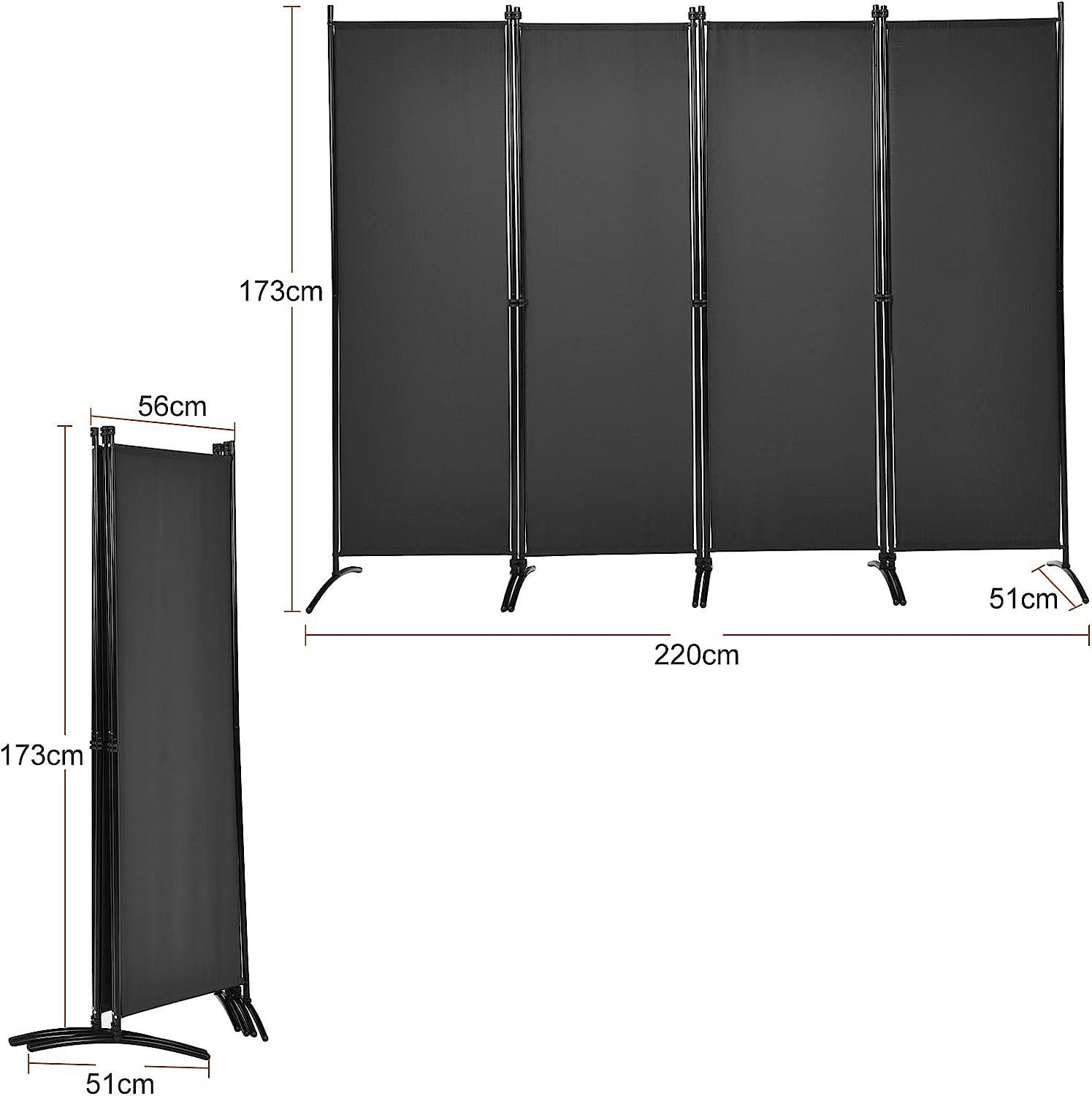 KOMFOTTEU Raumteiler 173 cm mit schwarz Paravent Paravent, hoher cm Metallrahmen hoher 173