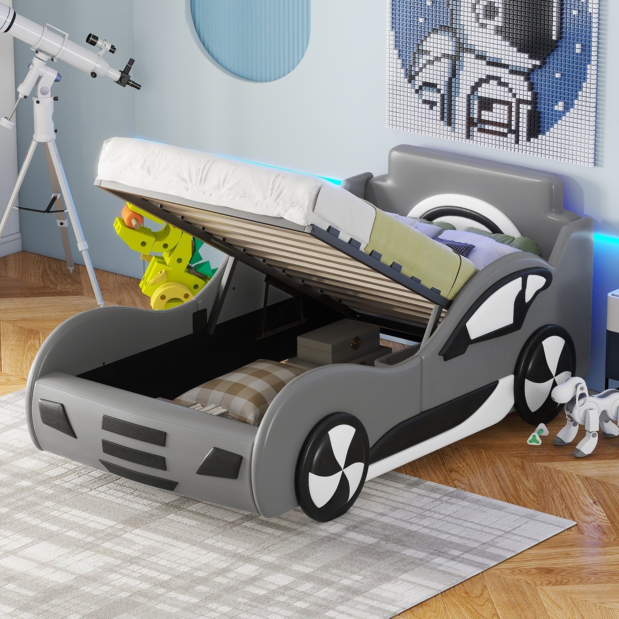 Schwarz mit Kinderbett Polsterbett mit Autobett 90x200cm Merax Rennwagen, Lattenrost, Stauraum, und gepolstert Kunstlederbezug