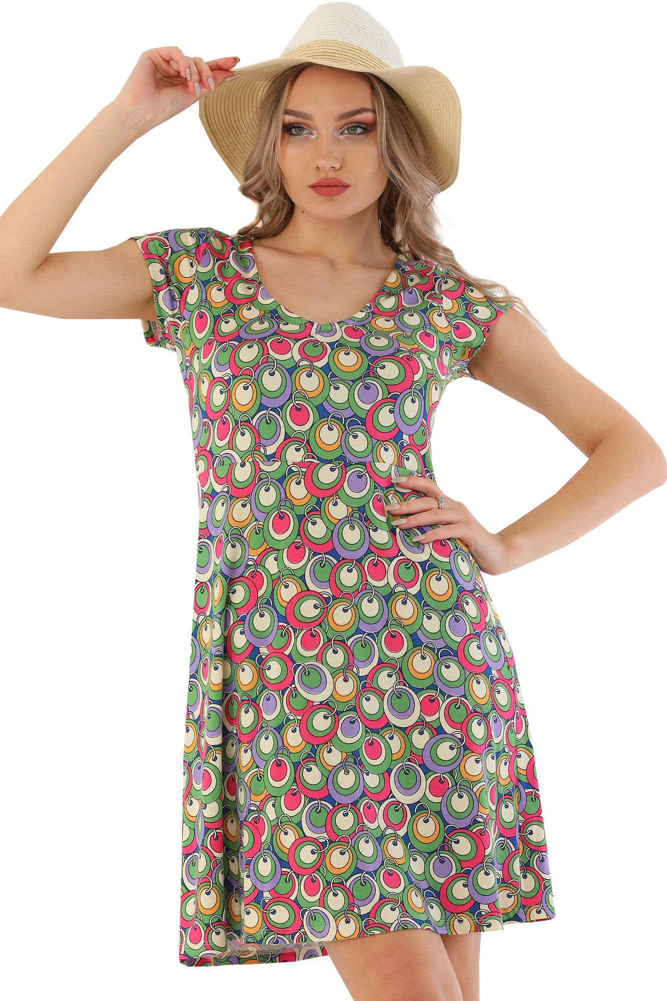 Bongual Sommerkleid Sommerkleid kurze Ärmel mit Vintage Kreise-Muster