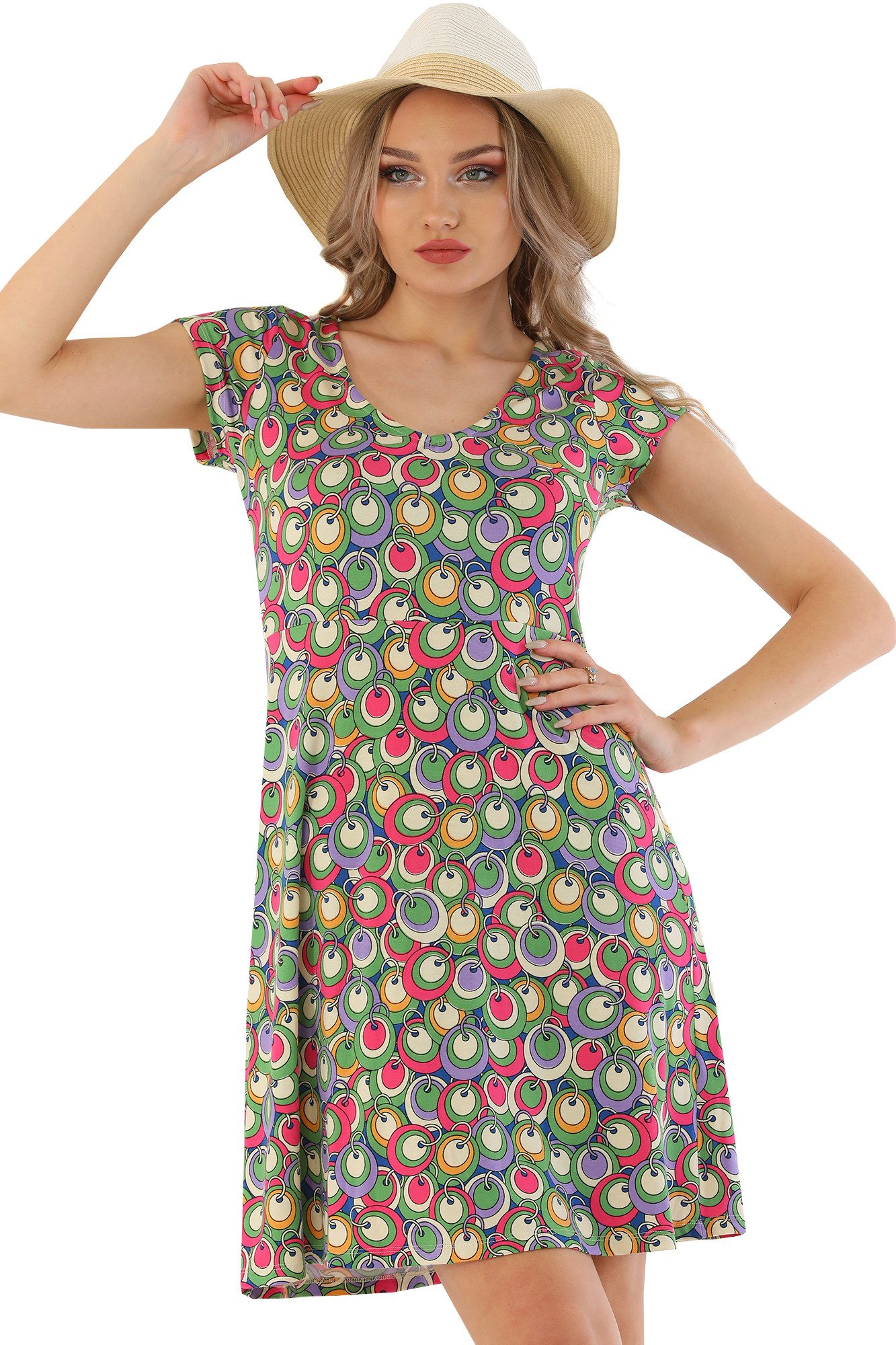 BONGUAL Sommerkleid Sommerkleid kurze Ärmel mit Vintage Kreise-Muster mehr