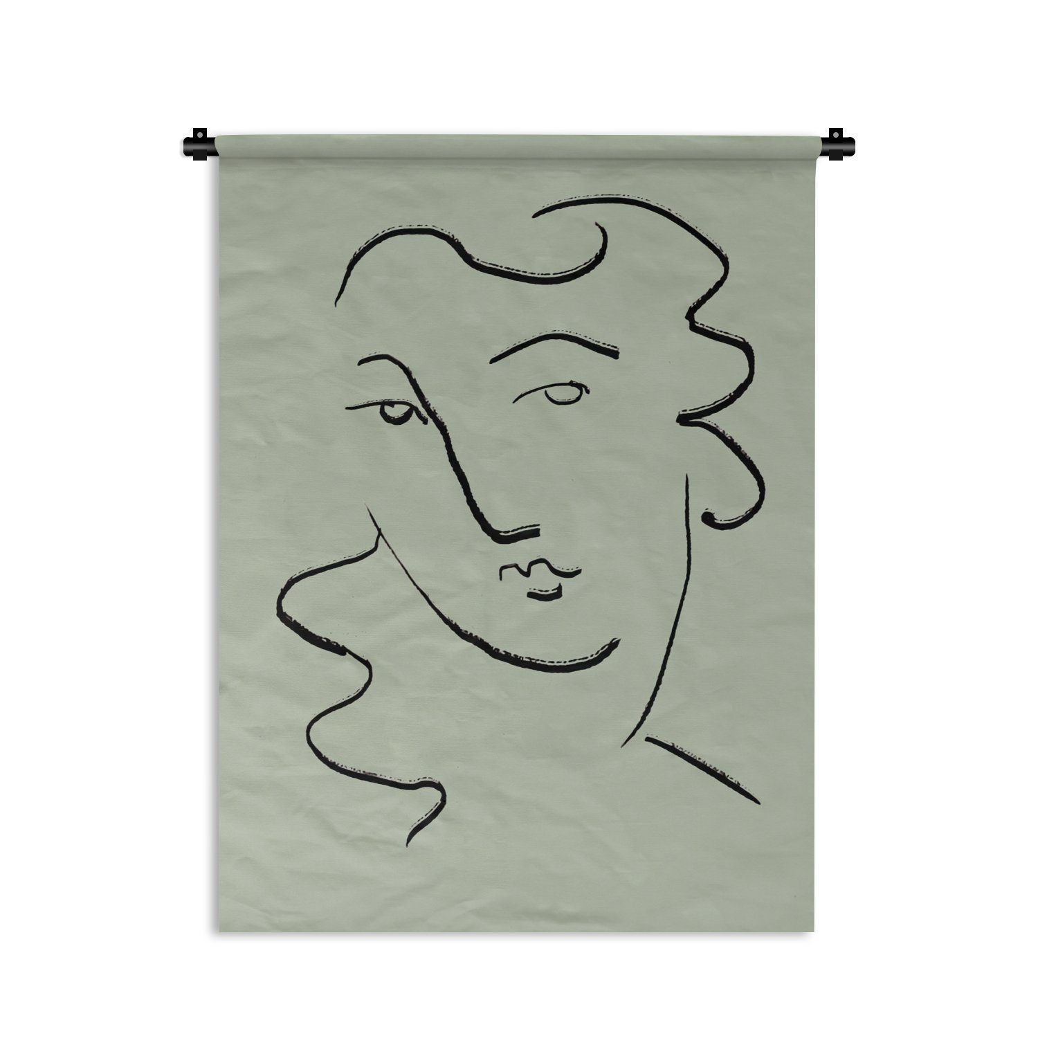 MuchoWow Wanddekoobjekt Gesicht - Skizze - Grün - Abstrakt, Deko für an der Wand, Wohnzimmer, Tapisserie, Schlafzimmer