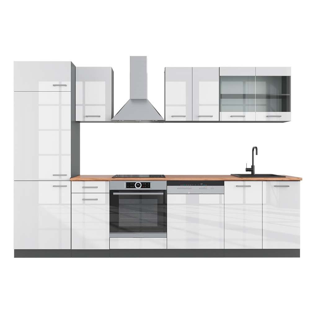 Vicco Küchenzeile R-Line, Weiß Hochglanz/Anthrazit, 300 cm, AP Eiche