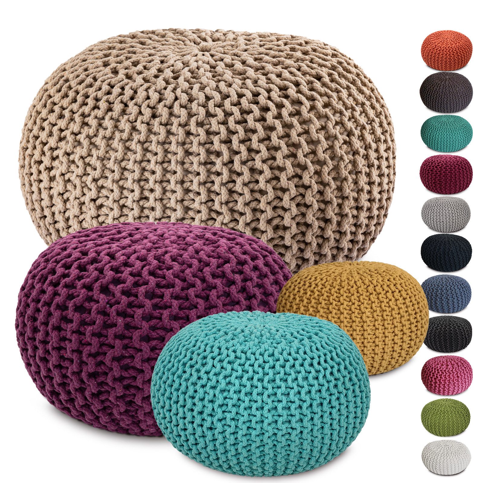 Amagohome Sitzhocker Strickhocker XXL Pouf Ø55 H37cm Bodenkissen Sitzpouf Baumwolle recycel