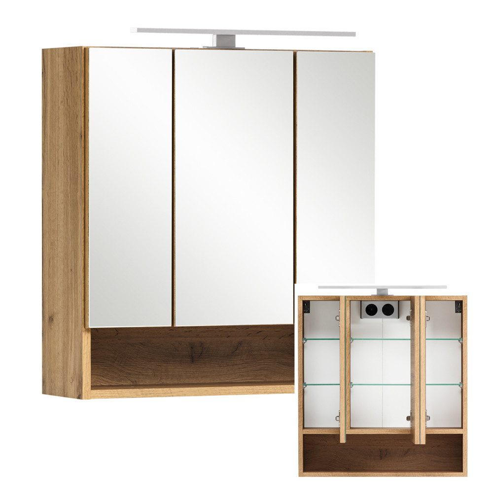 Lomadox Spiegelschrank KAHLA-03 Bad 60 cm in Wotan Eiche Nb. mit LED Beleuchtung, B/H/T: 60/64/20 cm