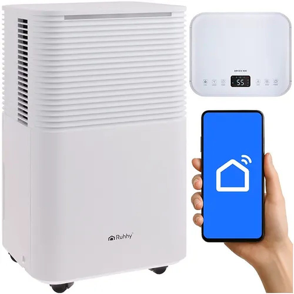 Ruhhy Luftentfeuchter Raumentfeuchter Kondenstrockner Entfeuchtungsgerät, für 30 m³ Räume, Entfeuchtung 12.0 l/Tag, Tank 2.0 l, 12 L/Tag, WLAN-App, Hygrostat, Timer, 2-L-Tank, leise