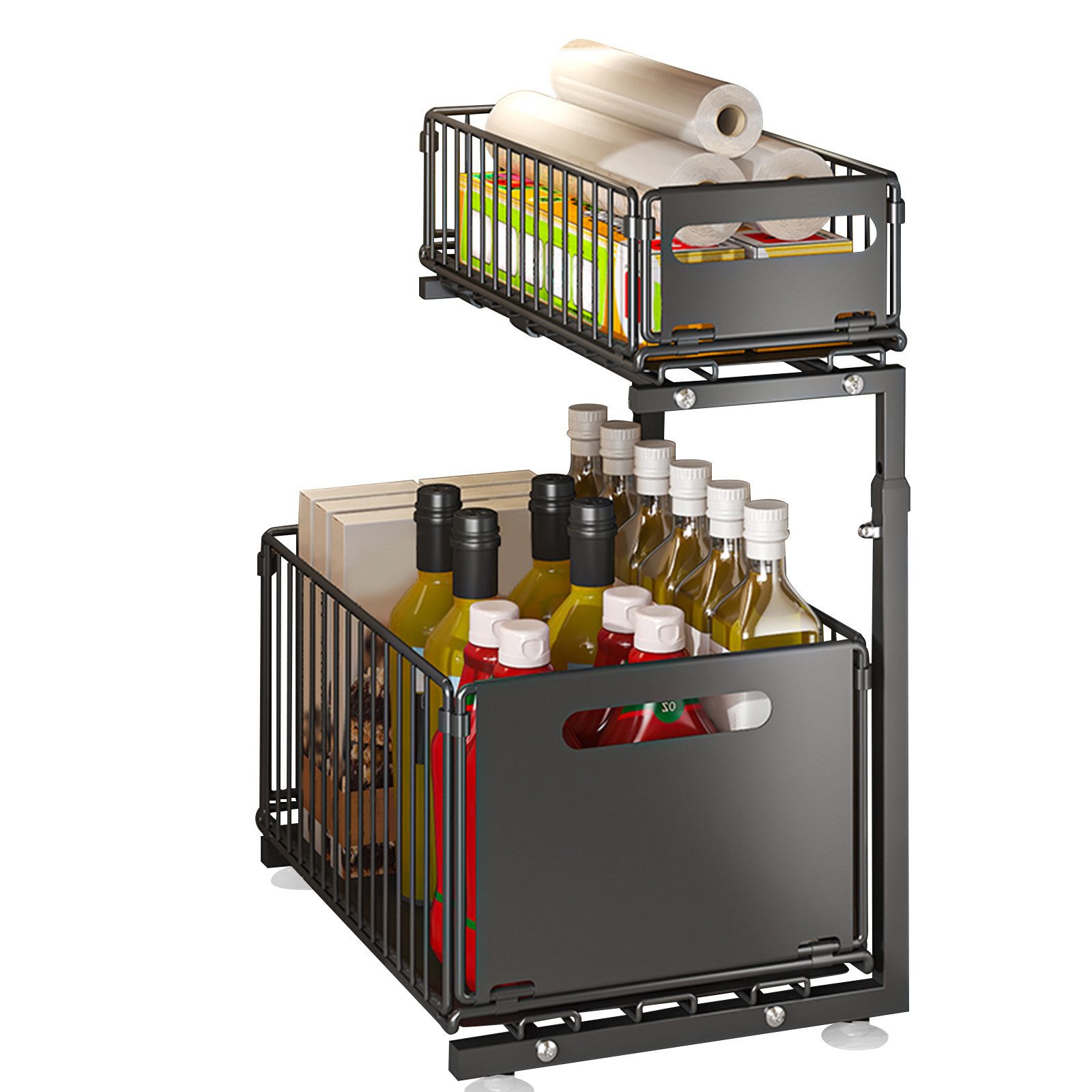 JEOBEST Küchenregal Küchen-Organizer, Unter Waschbecken Regal Metall, Ausziehbar Schublade, 2 Etagen, Höhenverstellbar, Herausziehen Regal Veranstalter