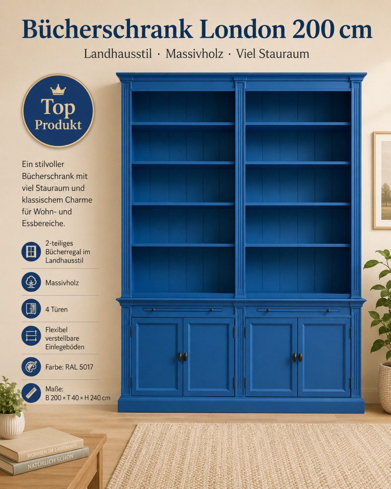 Wohnpalast Bücherregal Bücherschrank London 200cm - 2-teiliges Bücherregal im Landhausstil b