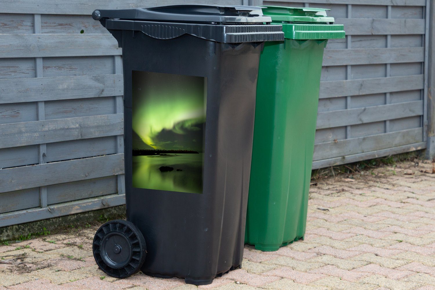 St), (1 Abfalbehälter Mülltonne, Norwegen Sticker, Wandsticker - MuchoWow Nordlichter Grün Container, Mülleimer-aufkleber, -
