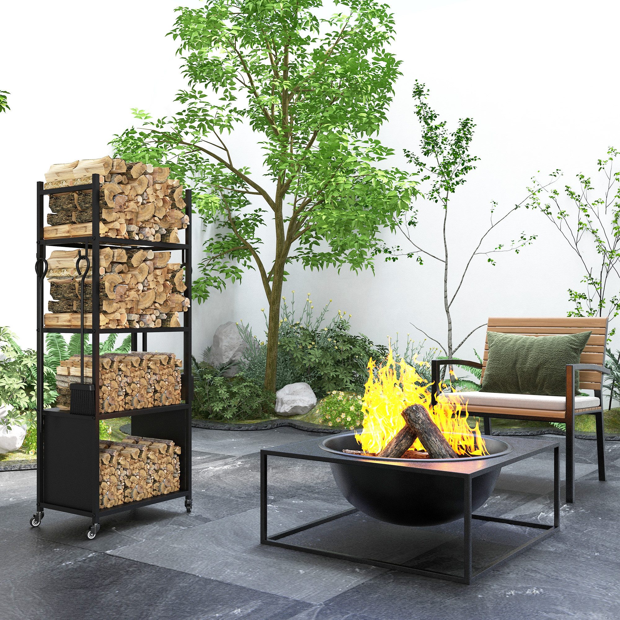 Outsunny Kaminholzregal mit Rollen, 4 Ablagen, BxTxH:45x30x118 cm, (Feuerholzregal, 1-St., Brennholzregal), für Outdoor, Indoor, bis 60 kg, Metall, Schwarz