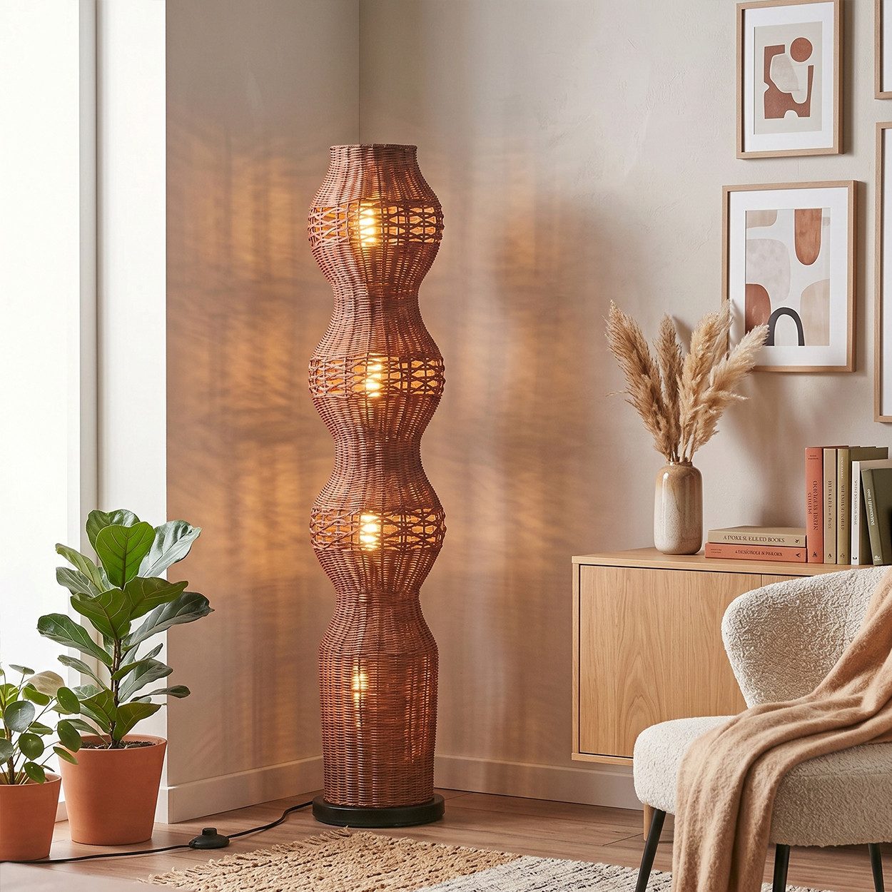hofstein Stehlampe Stehlampe mit Schirm aus Rattan im skandinavischen Design, ohne Leuchtmittel, moderne Stehleuchte im Boho-Style mit Lichteffekt, E27, Höhe 11 – Bild 3 von 5
