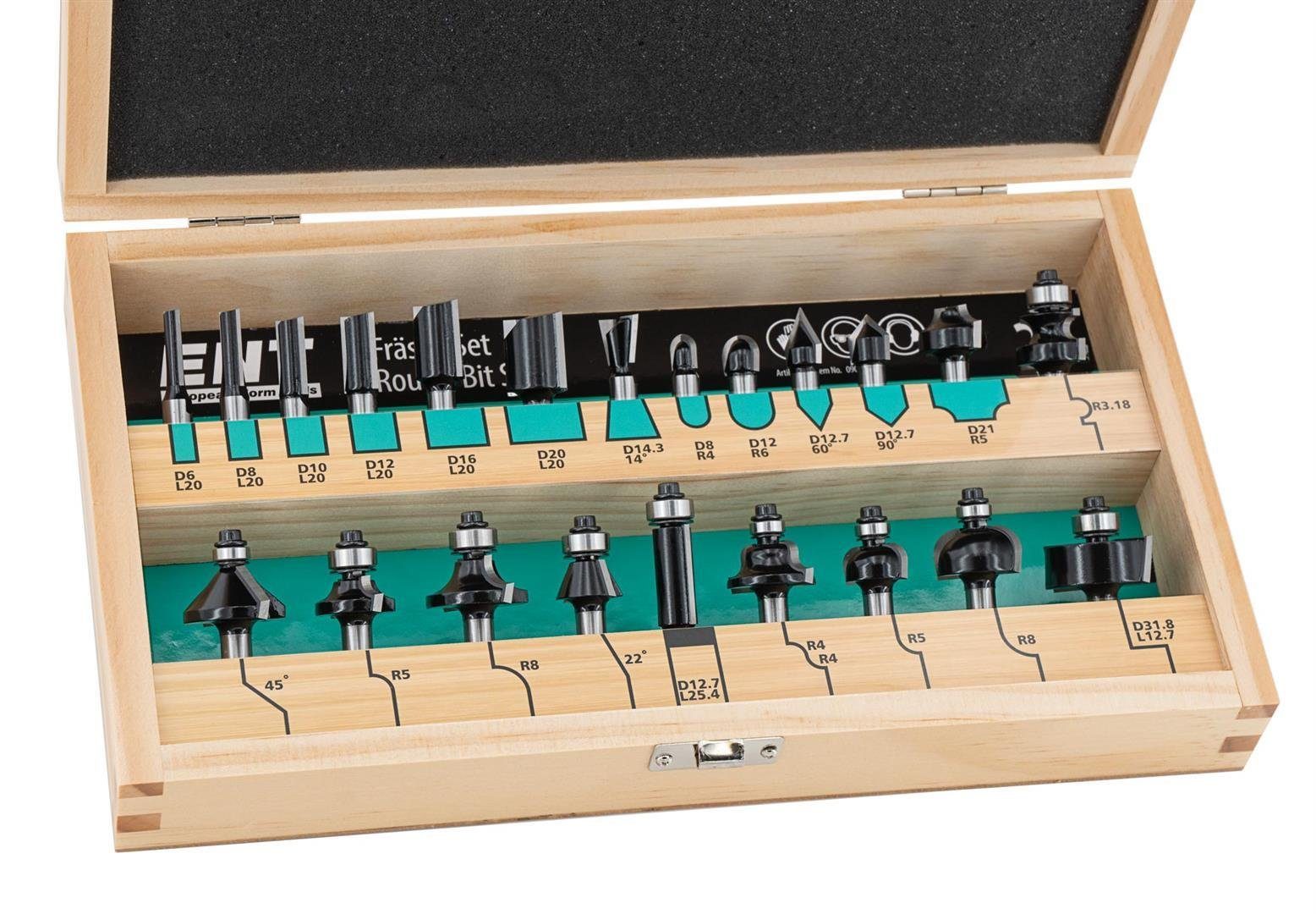 [Produkte vorbestellen] ENT European Hartmetall Fräsbohrer Grundausstattung, Tools 8 (in Holzbox), Schaft Norm erweiterte 09022HKB Fräserset, mm, stabiler 22-tlg