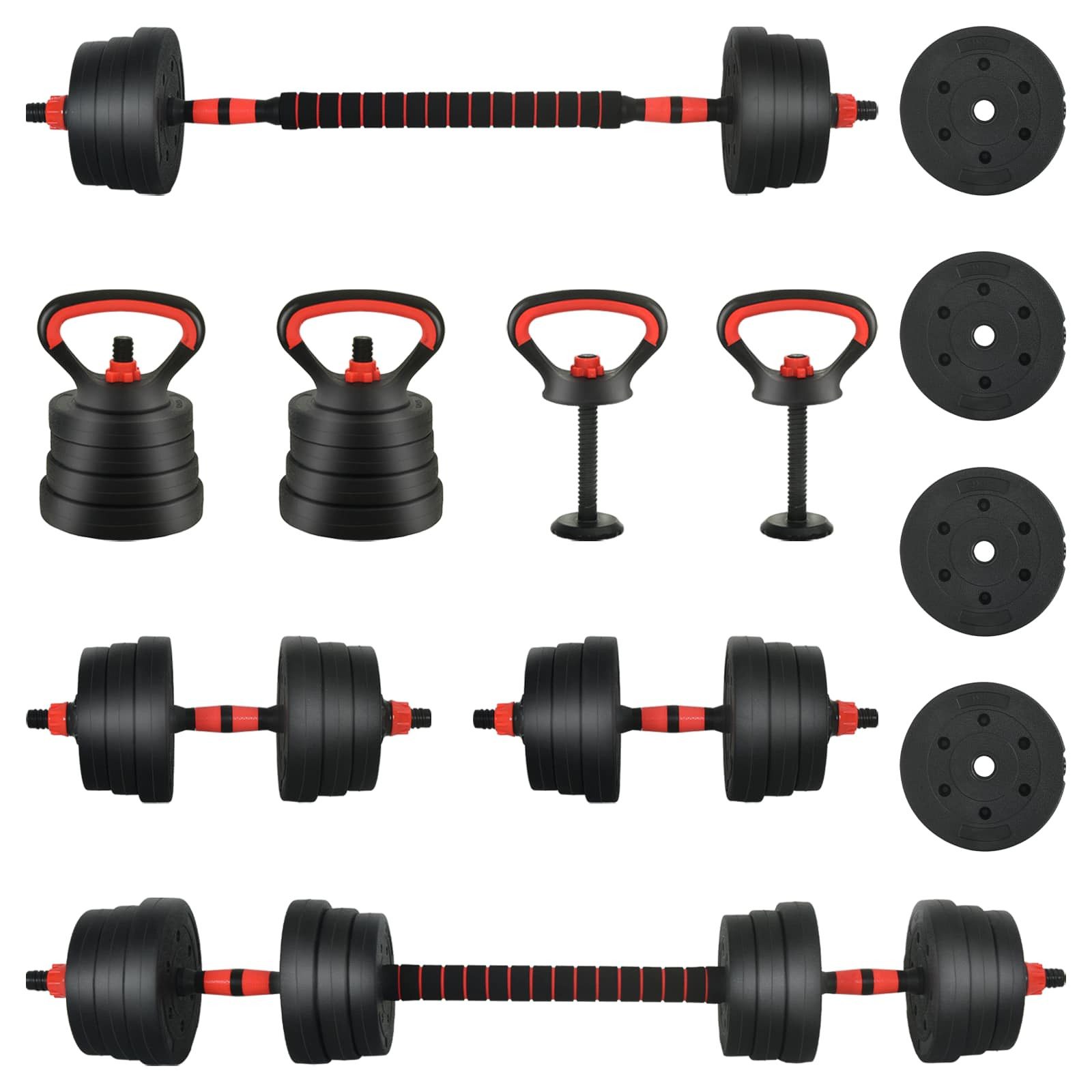 Hantel Rot - Langhantel, 2x Kurzhantel, 4x Cowbell anpassbar 4-in-1 Hantelset