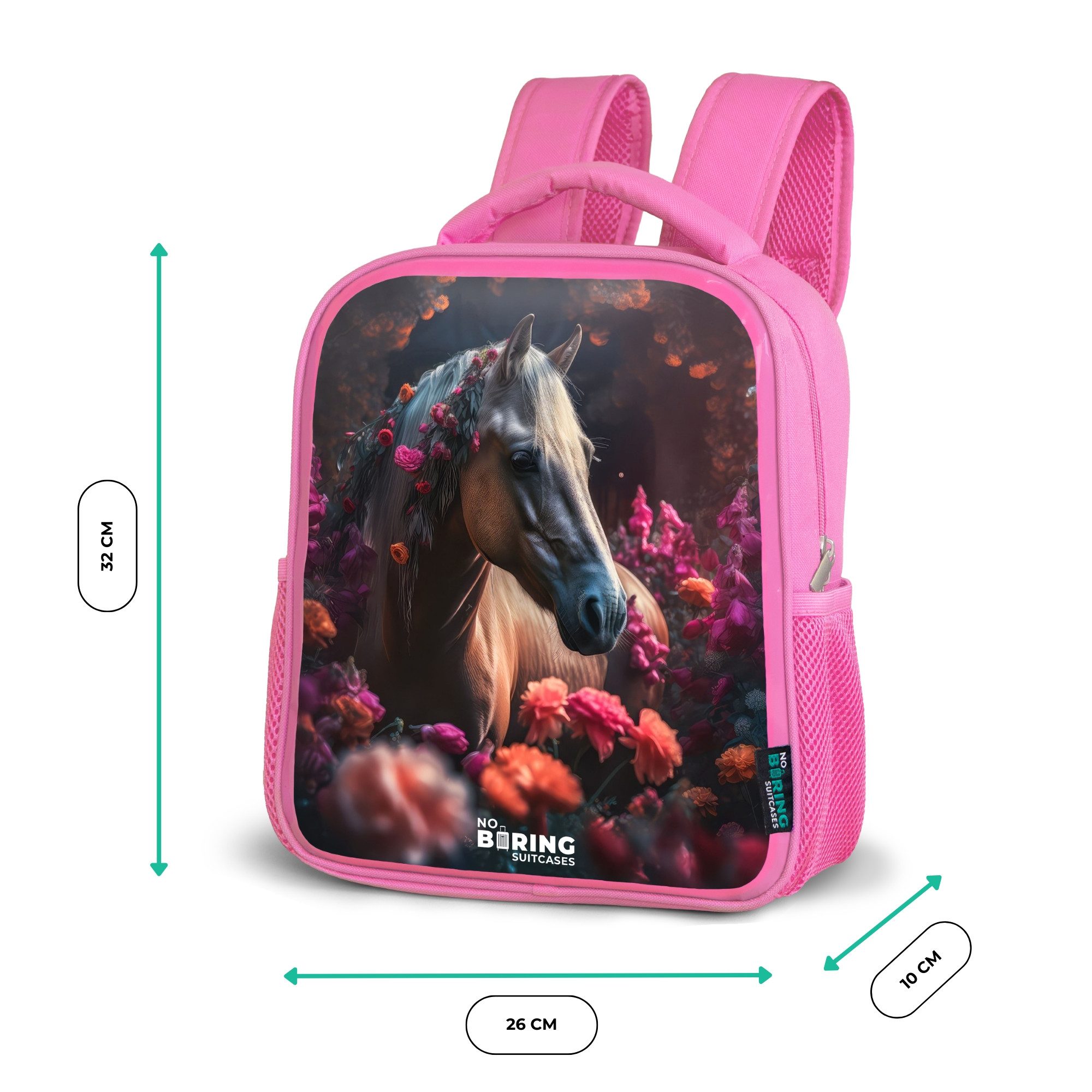 NoBoringSuitcases.com© Rucksack Rosa - Lila - Pferd - Blumen, Kinderrucksack, Schulrucksack, Freizeitrucksack, Mädchen, Kindergarten