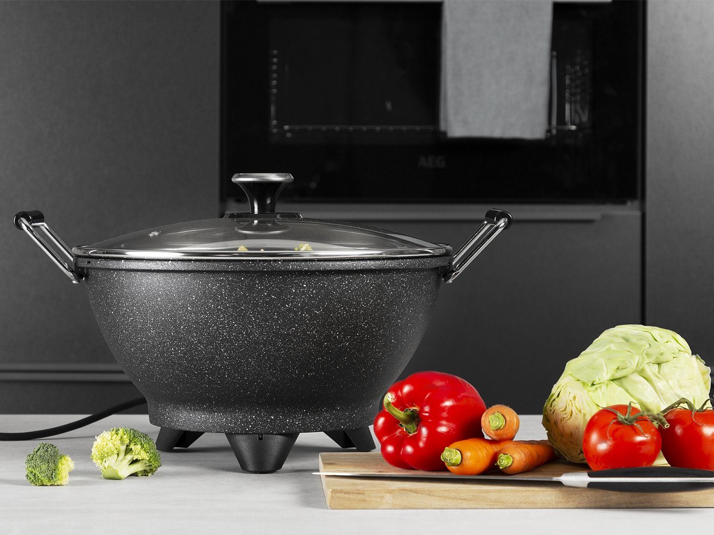 PRINCESS Elektrische Wokpfanne, 1400 W, Großer Asia Elektro Wok Ø30cm 7Liter mit Glas Deckel