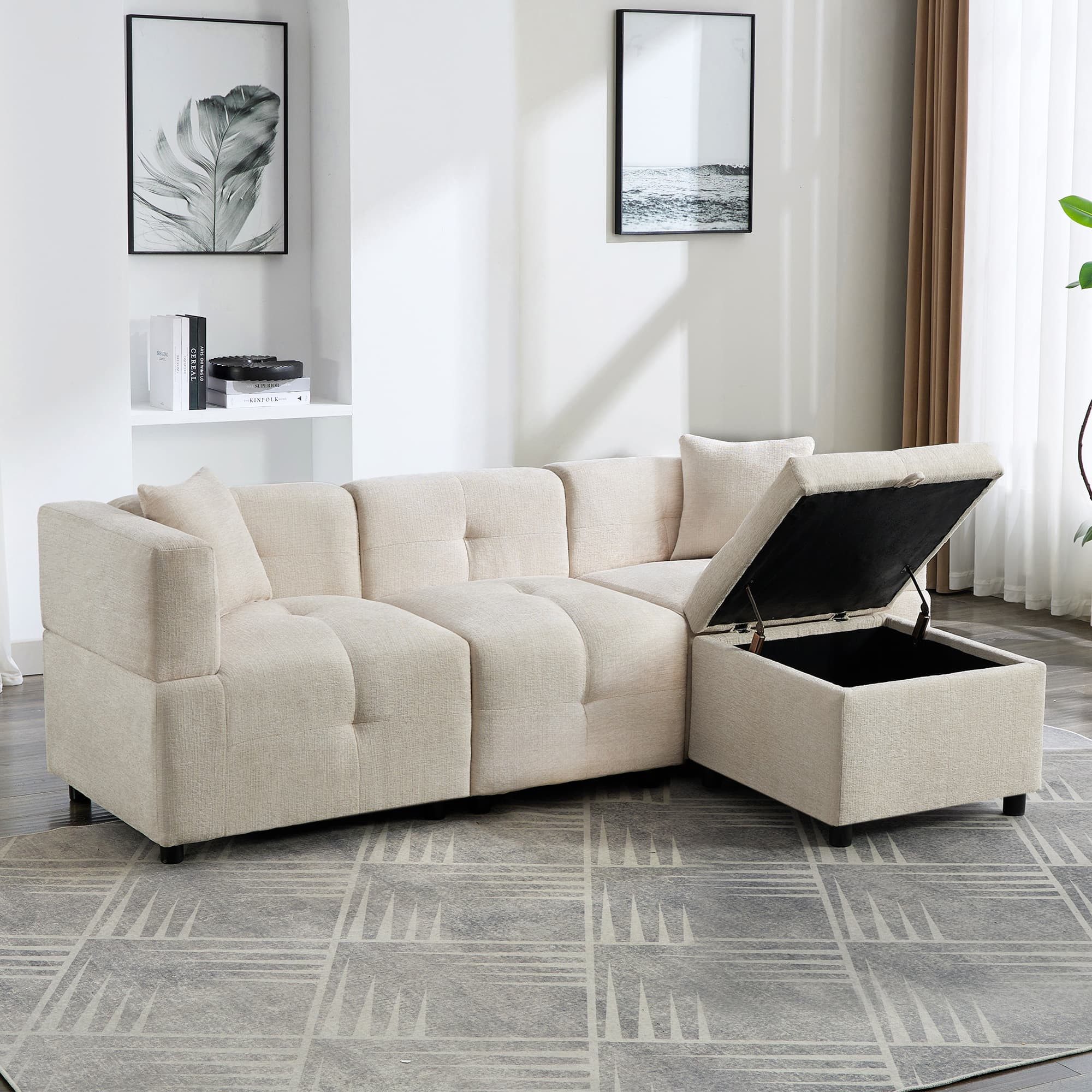 autolock 3-Sitzer Ecksofa mit Versteckter Stauraum, abnehmbarem Fußhocker, 2 Kissen, 3-Sitzer-Sofa,L-förmiges Ecksofa für Wohnzimmer, Büro