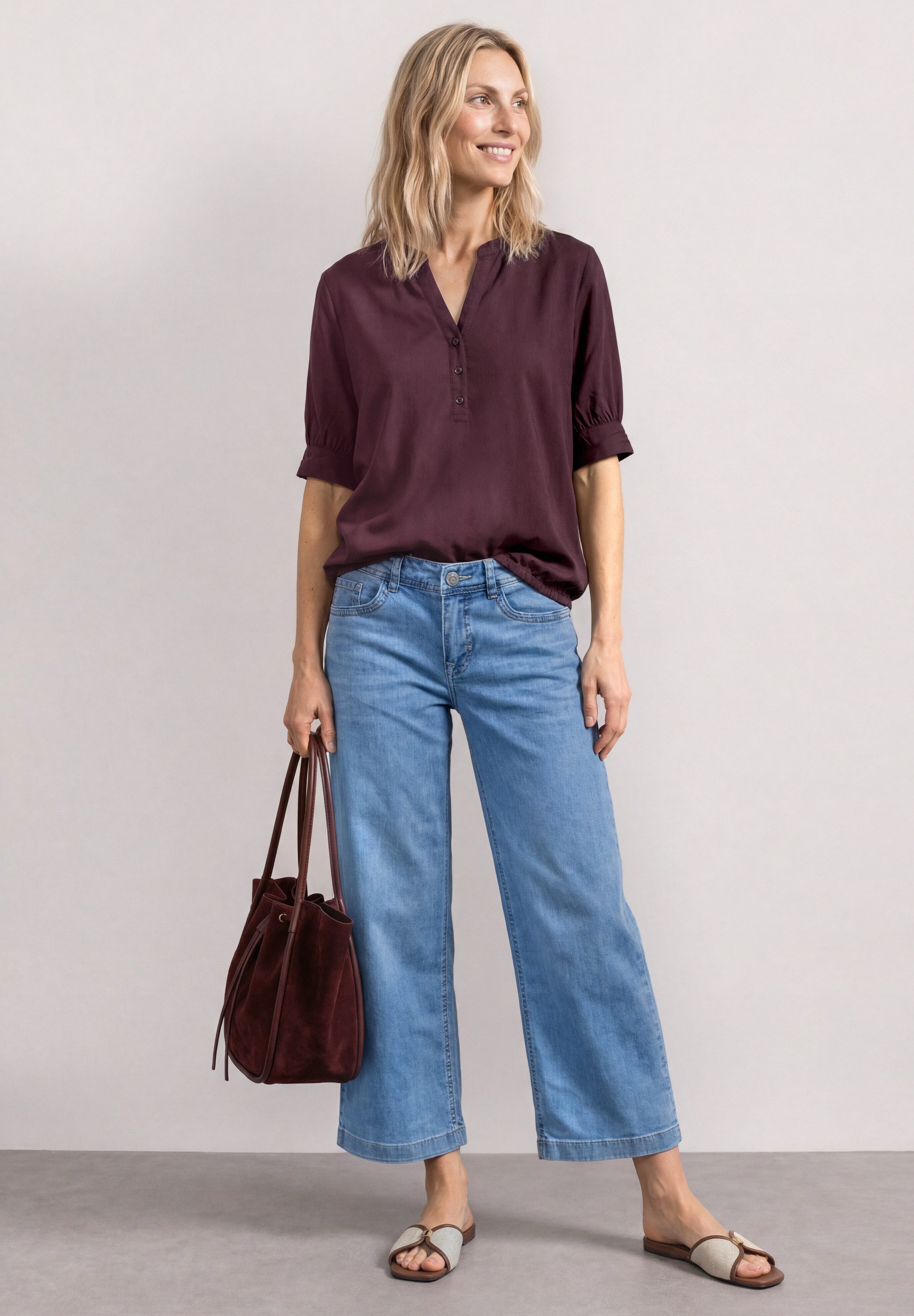 STREET ONE Kurzarmbluse Kurze Sommerbluse mit Splitneck