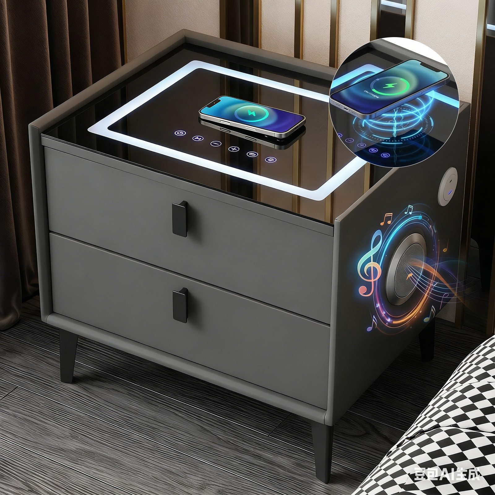 oyajia Nachttisch Nachtschrank mit Bluetooth-Lautsprecher & Kabelloser Ladefunktion (Touch-Bedienung, Elegantes Spiegel-Design), Modern Hochglanz Nachtschrank mit 2 Schubladen