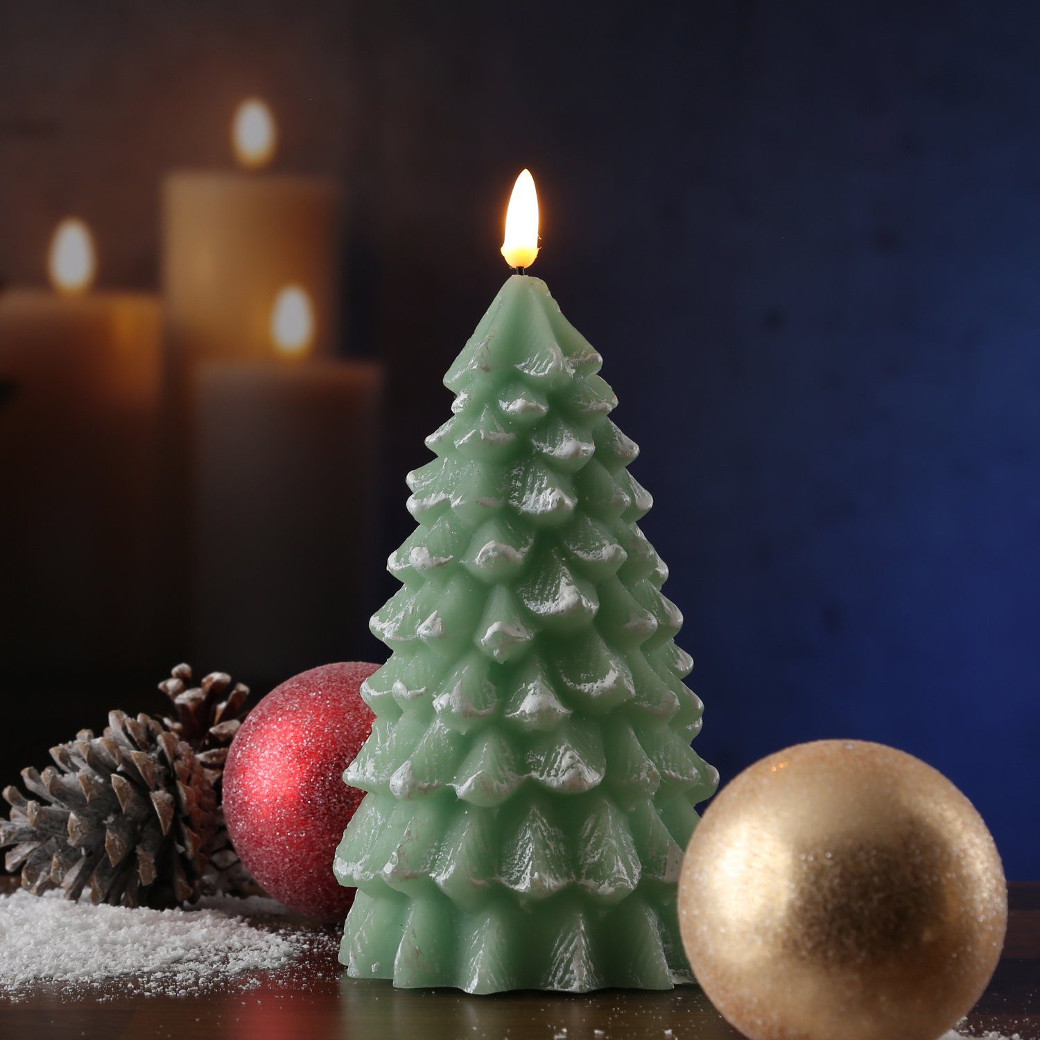 MARELIDA LED-Kerze LED Kerze Tannenbaum Echtwachs warmweiße 3D Flamme H:  20cm Timer grün