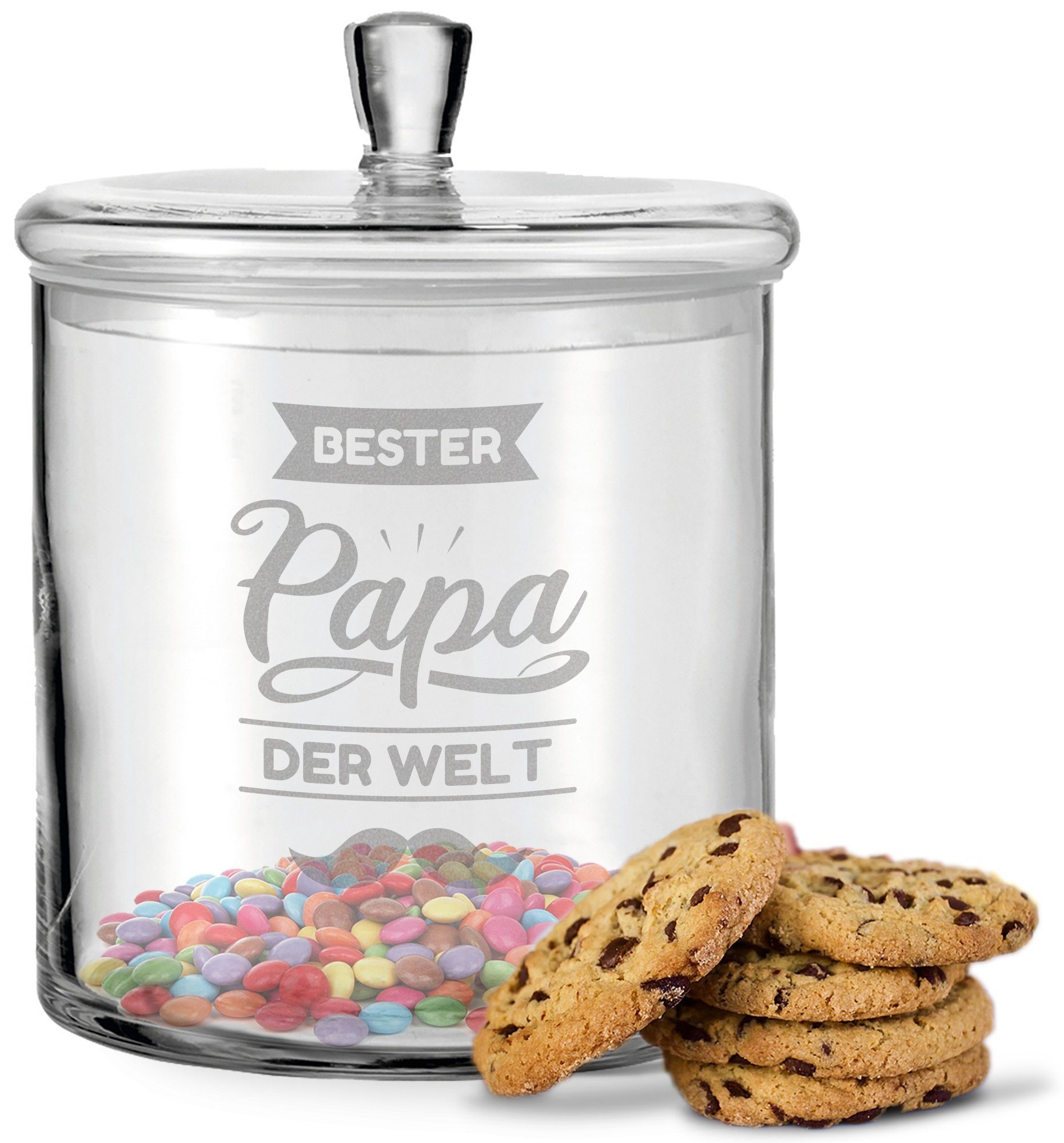 - - zum Keksdose Papa V2 mit Design Keksdose Vatertag Handgefertigte der Bester für Papa Deckel, Glasdose mit Glas, GRAVURZEILE mit Welt Deckel Gravur