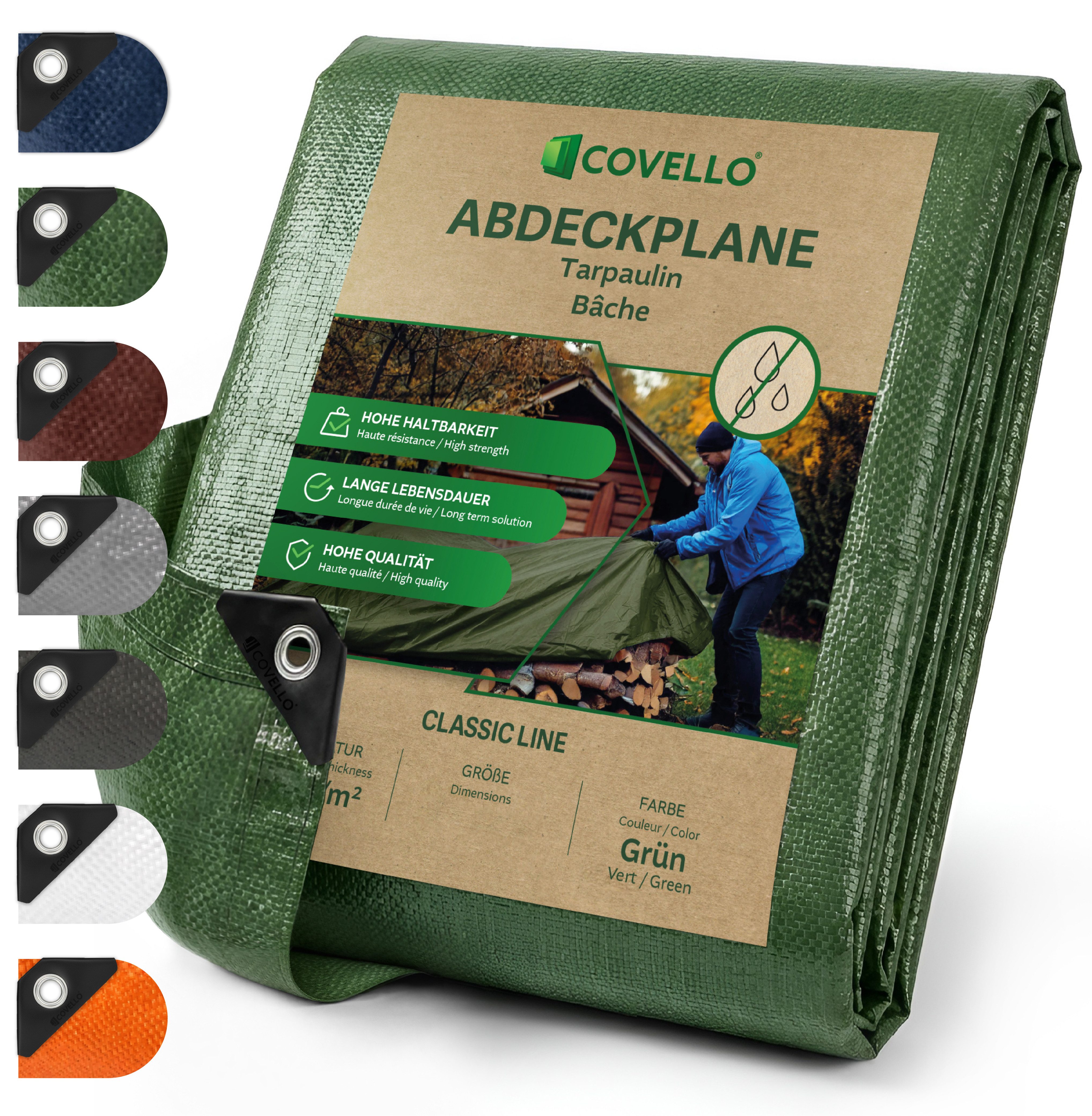 Covello Schutzplane 90g/m² grün, Abdeckplane mit Ösen wasserdicht, Plane UV-stabilisiert in vielen verschiedenen Farben & Größen
