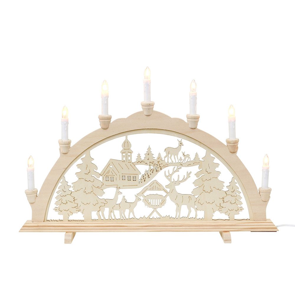 Dekohelden24 Schwibbogen 521784 7-flammiger Schwibbogen, Motiv: Waldkirche mit Rehe, L/B/H ca. 58 x 4 x 38 cm.