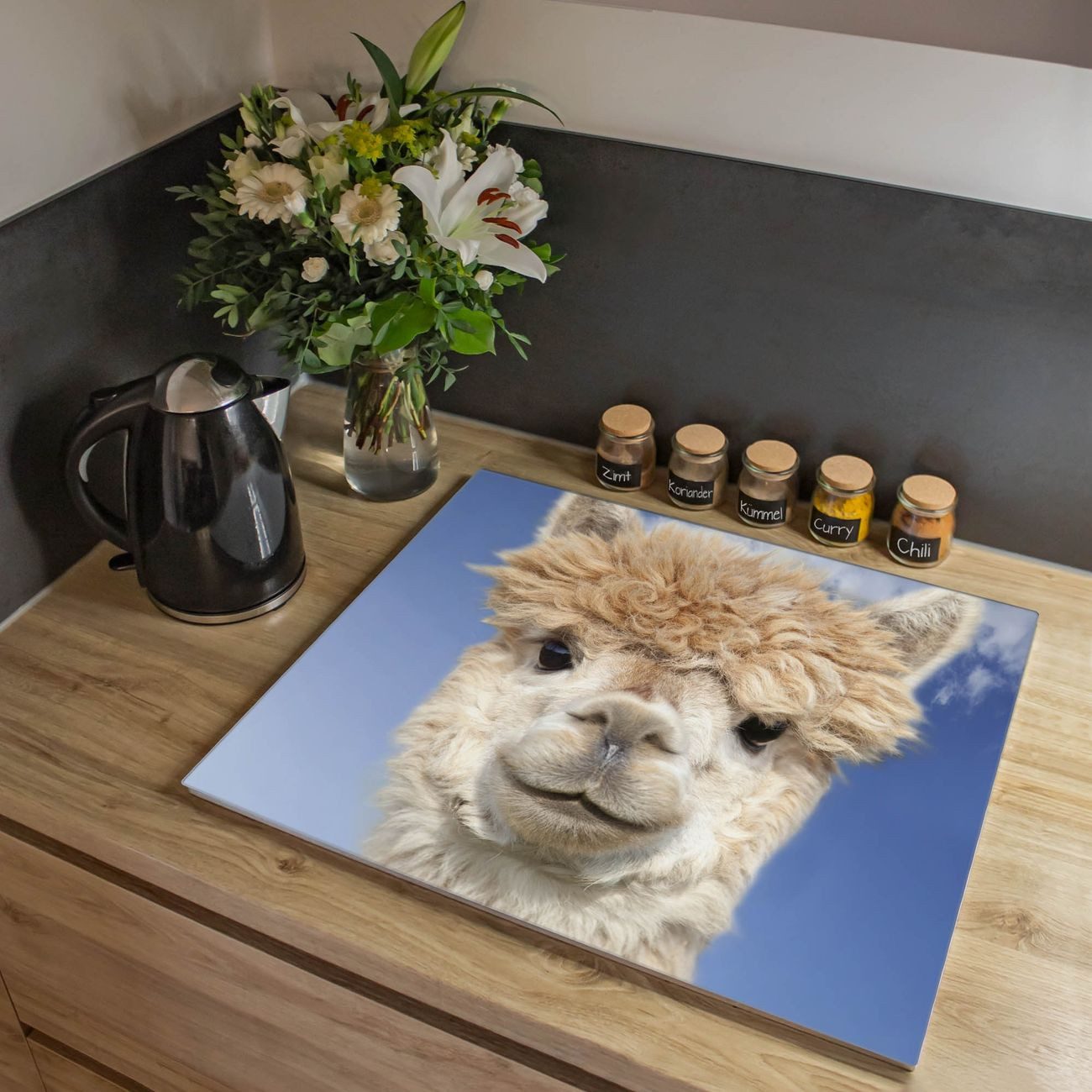 banjado Herd-Abdeckplatte einteilig aus Glas mit Motiv Lama, (gehärtet, 1 tlg., inkl. selbstklebende Gummifüßchen)