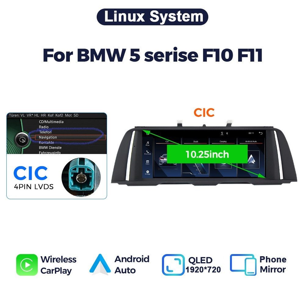 GABITECH Für BMW F10 F11 CIC 10.2" Touchscreen Android GPS Carplay Display Einbau-Navigationsgerät (Wireless Carplay und Android Auto, Linux System) – Bild 5 von 5