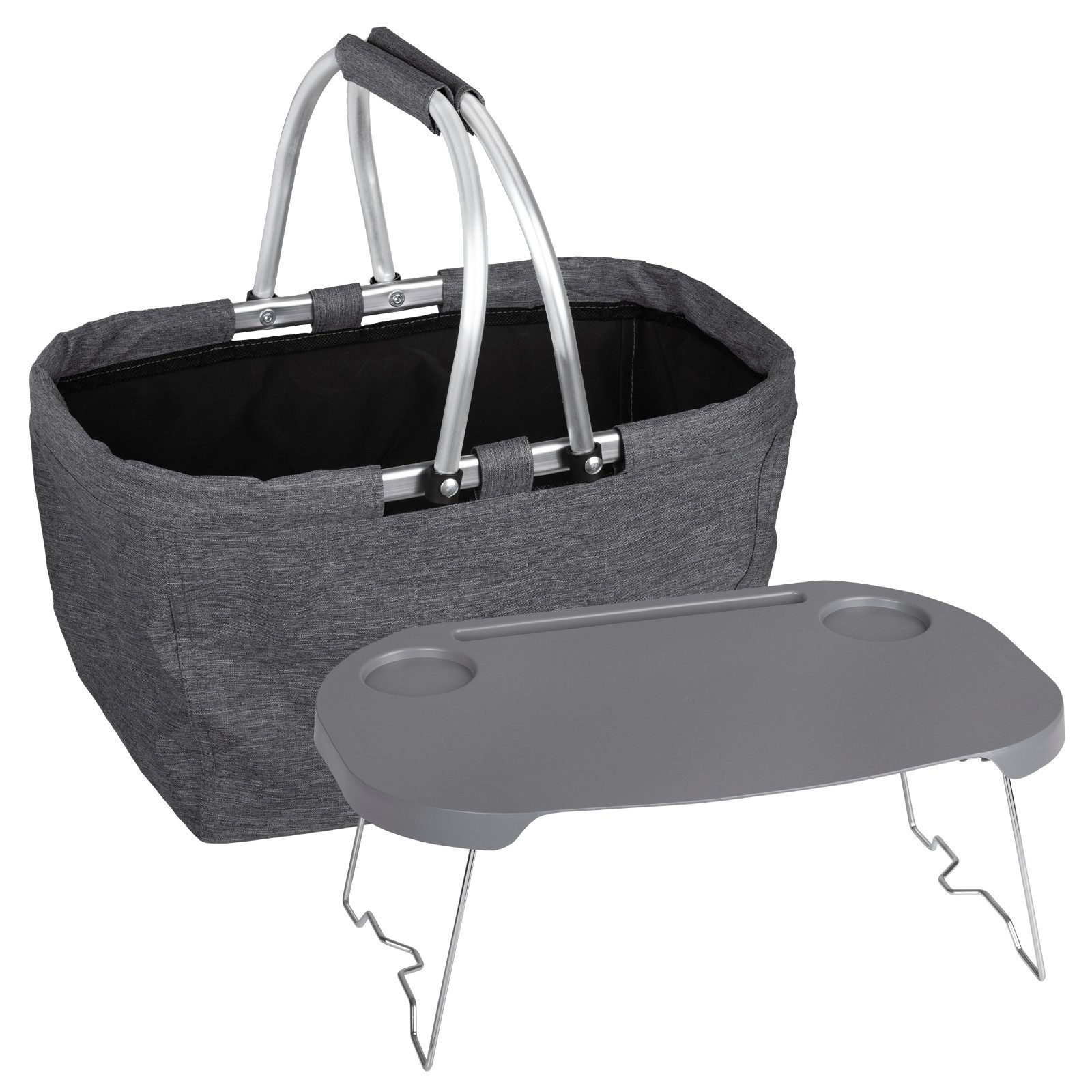 Haushalt International Picknickkorb Tragekorb Einkaufskorb Campingkorb 2in1 43x28x26cm Grau (1 St), inkl. Klapptisch, Polyester, Kunststoff, ca. 25L, Tragegriffe