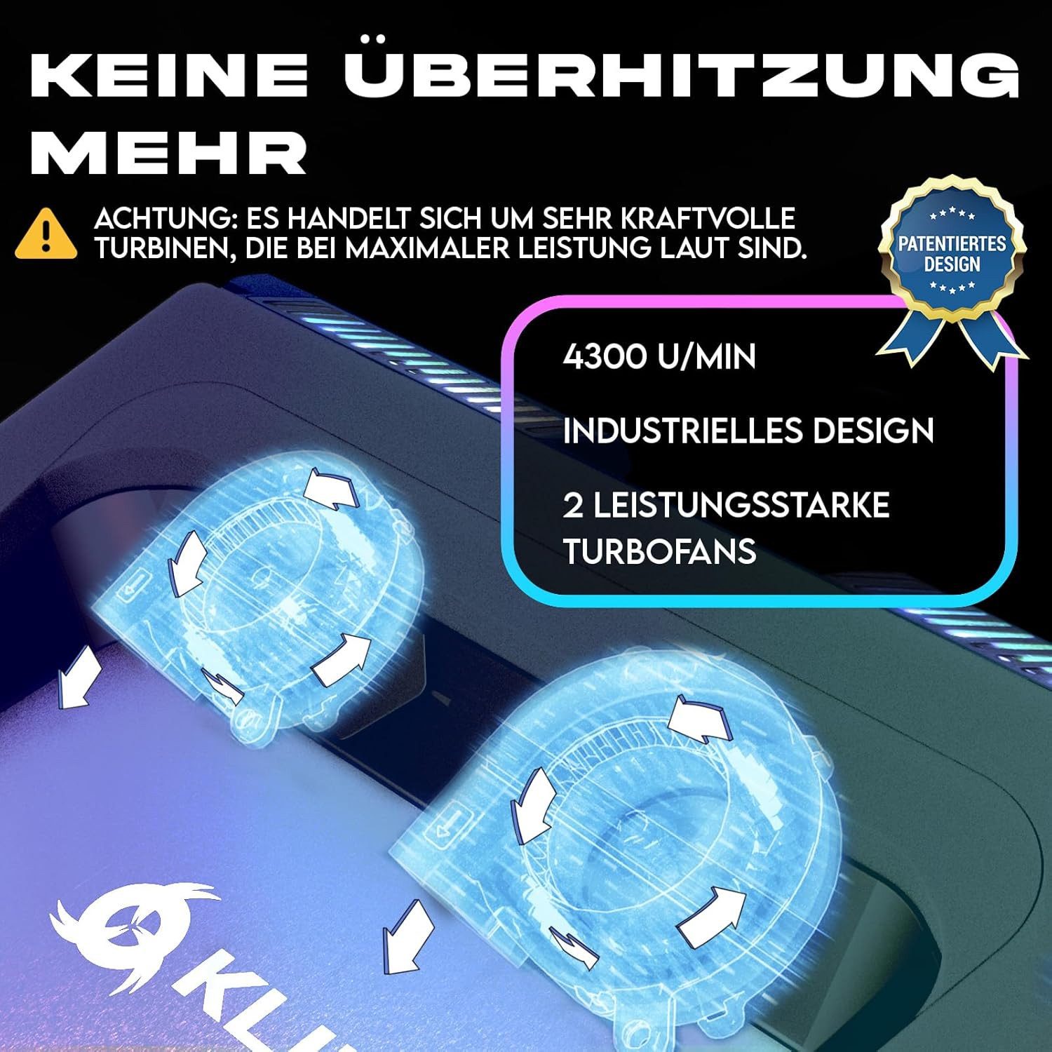 KLIM Notebook-Kühler Mistral, Leistungsstarker Turbo, (4500 U/min), 15 - 17 Zoll Laptop