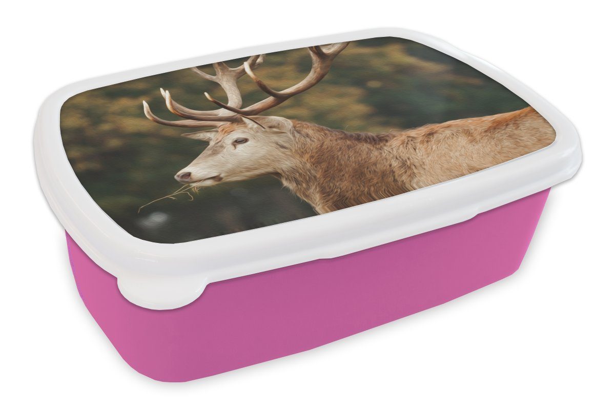 MuchoWow Lunchbox Hirsche - Geweihe Kunststoff, Brotdose rosa Erwachsene, Kinder, (2-tlg), Kunststoff Snackbox, Wald, - Mädchen, für Brotbox