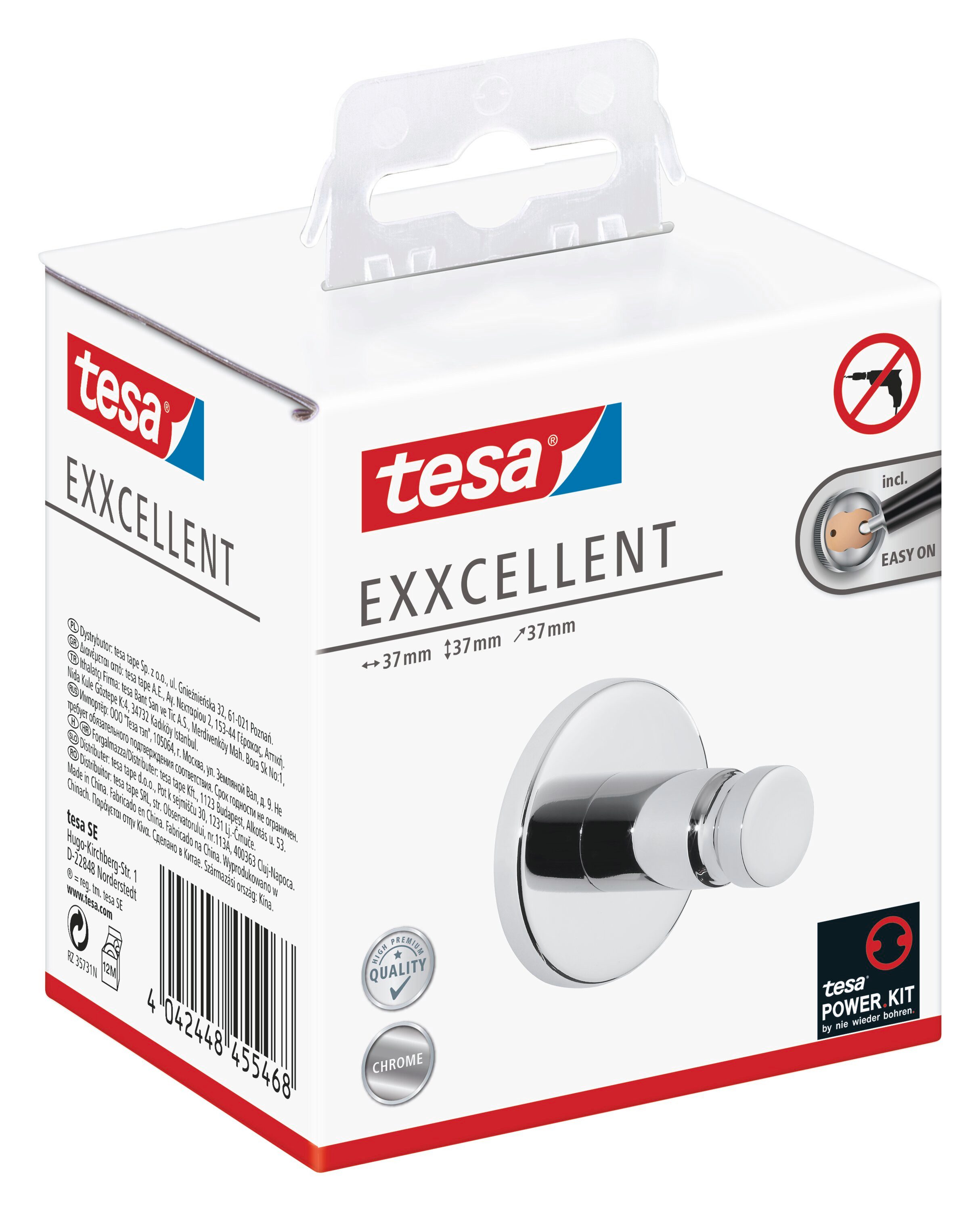 tesa Handtuchhaken 1x tesa EXXCELLENT Handtuchhaken, Badezimmer, Gäste-WC, Wandmontage, (Komplett-Set, 2-St., inkl. Klebelösung), chrom 3,7 cm : 3,7 cm : 3,7 cm