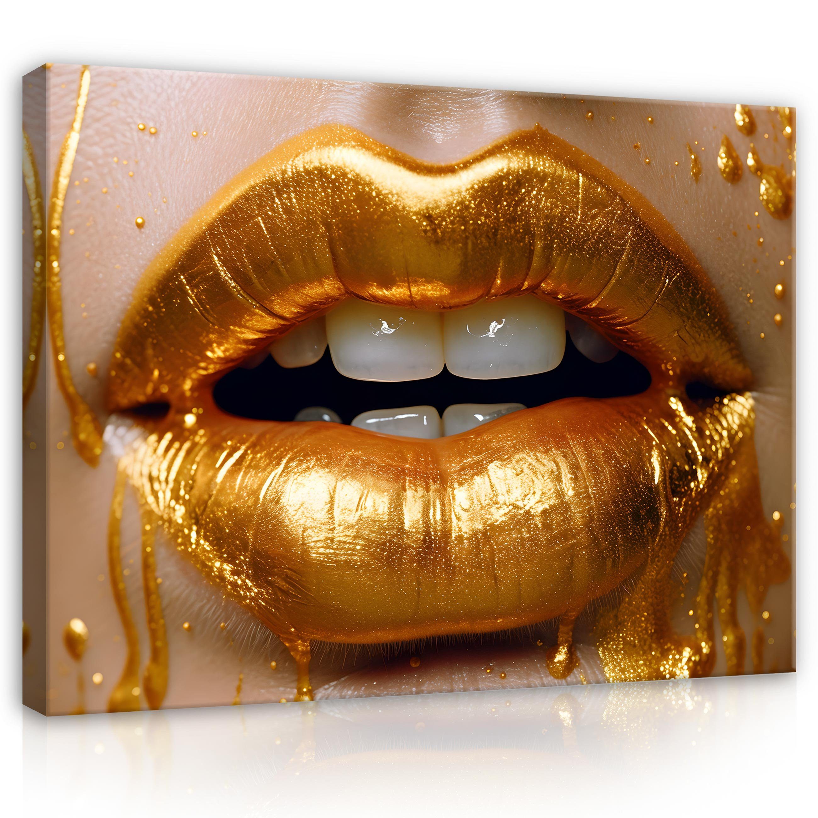 Wallarena Leinwandbild Frau Mund Farbe Gold Sexy Art Kunst Wandbild XXL Leinwandbilder Modern, Abstrakt (Einteilig, 1 St), Leinwand Изображения Wohnzimmer Schlafzimmer Bild Groß Leinwandbild