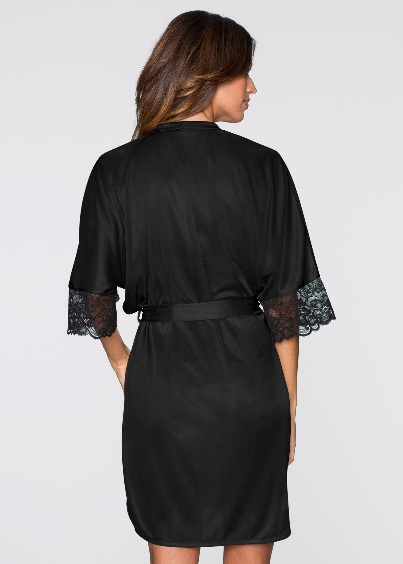 bonprix Morgenmantel, Kurzform, Satin, Gürtel, im Kimono-Stil, aus Satin mit Spitzendetails, abnehmbarer Bindegürtel