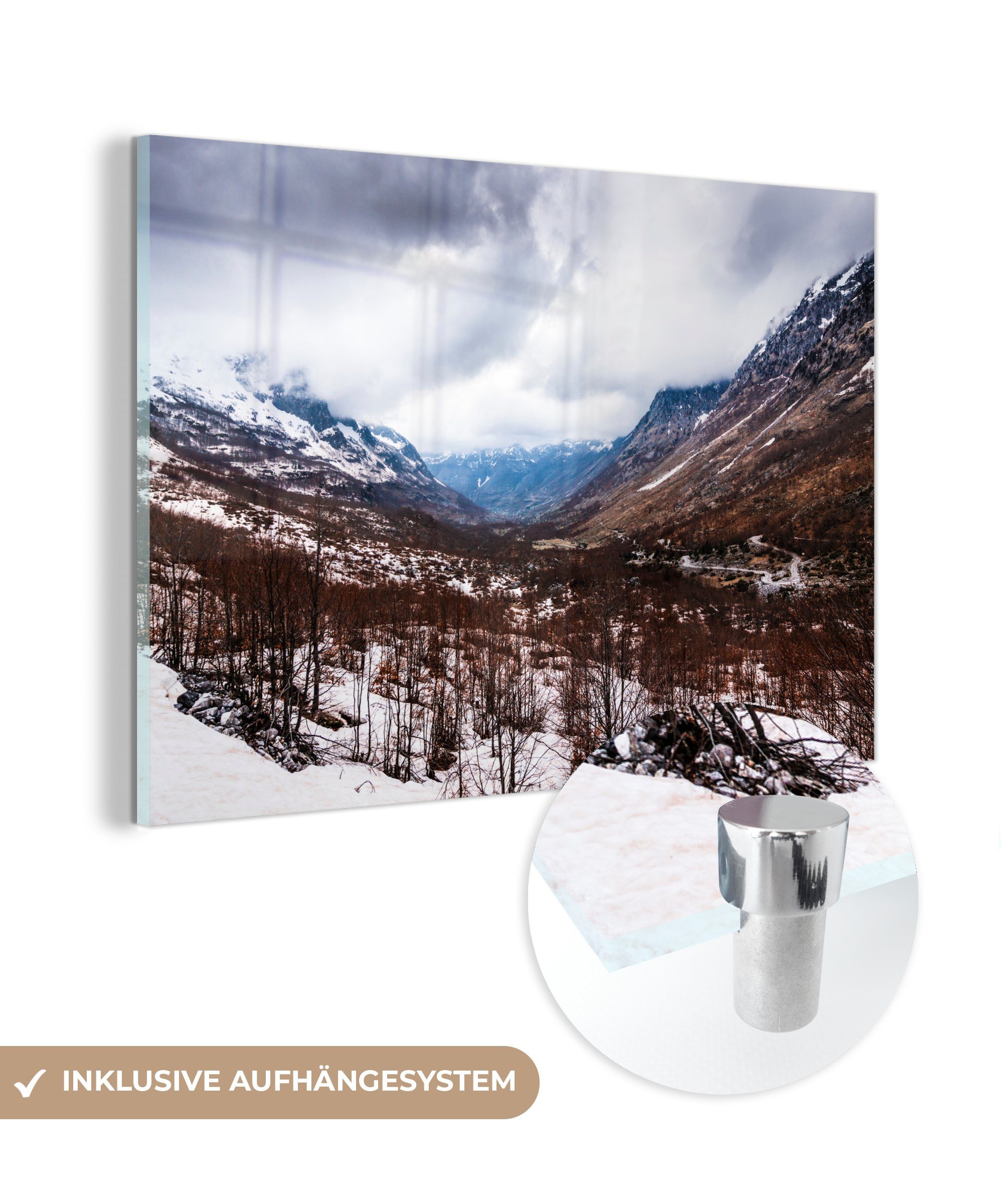 MuchoWow Acrylglasbild Strenger Winter in der verrückten Landschaft von Theth in Albanien, (1 St), Acrylglasbilder Wohnzimmer & Schlafzimmer