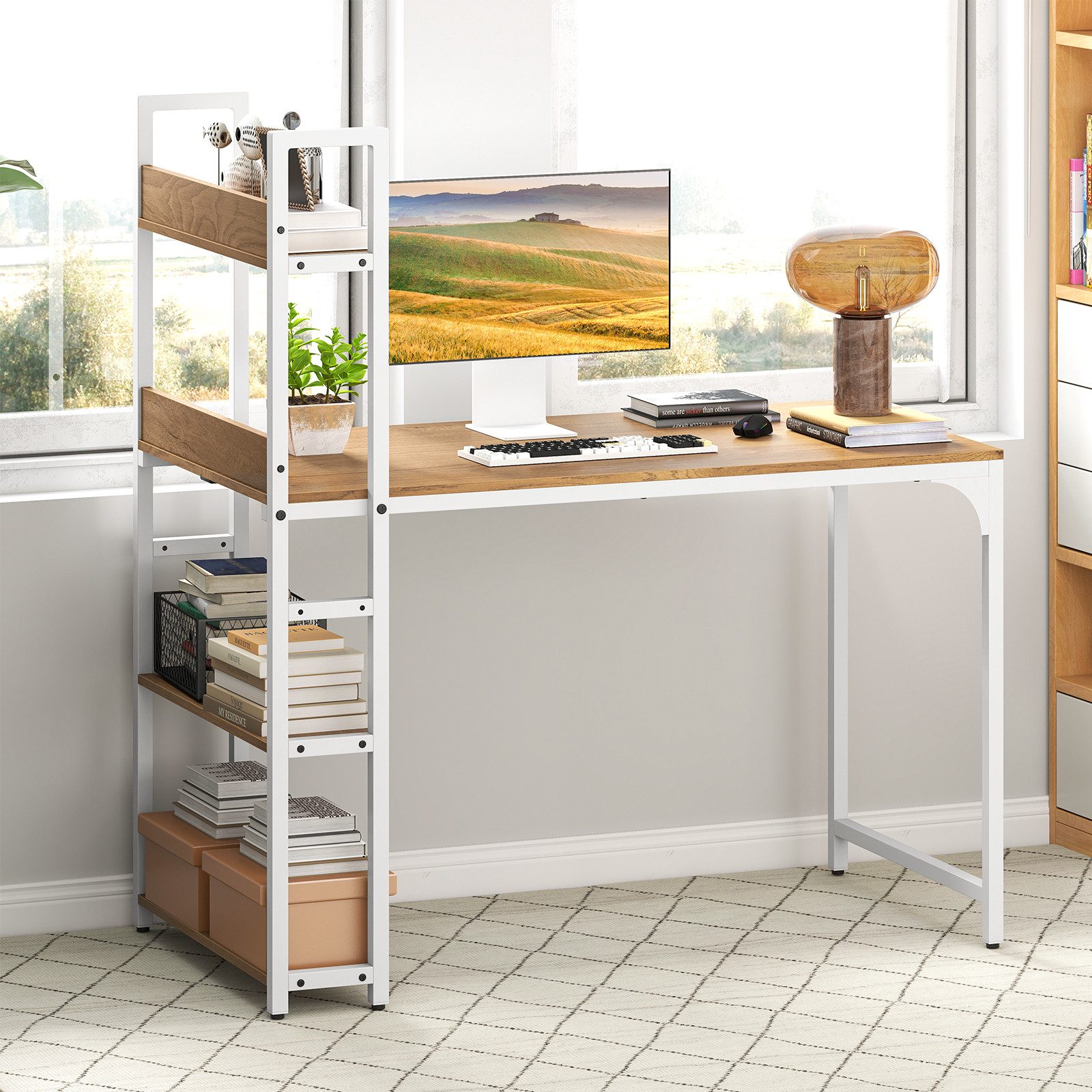 COSTWAY Schreibtisch, mit Ladestation, Regal-Schreibtisch 120x65cm, günstig online kaufen