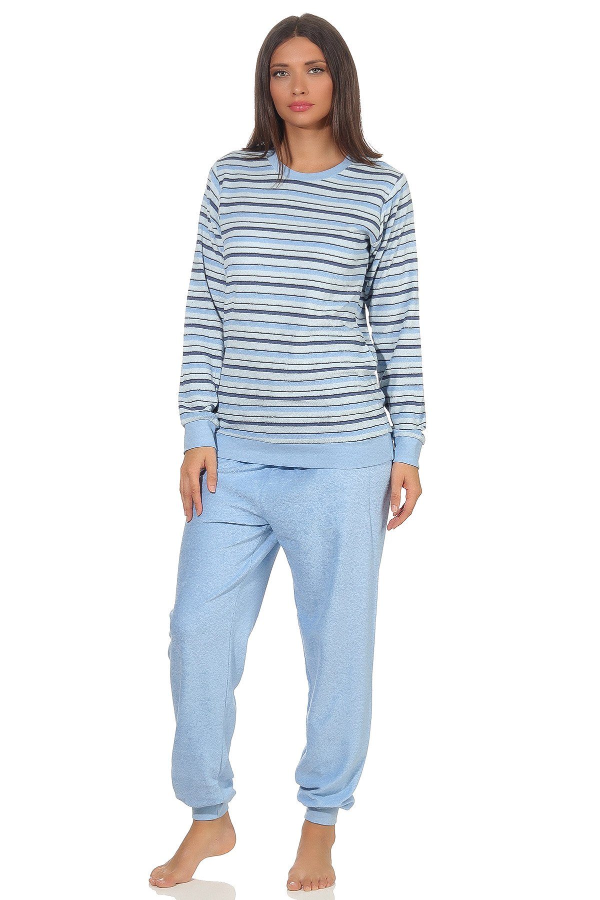 RELAX by Normann Pyjama Damen Frottee Schlafanzug mit Bündchen in Streifenoptik - 291 13 572 hellblau