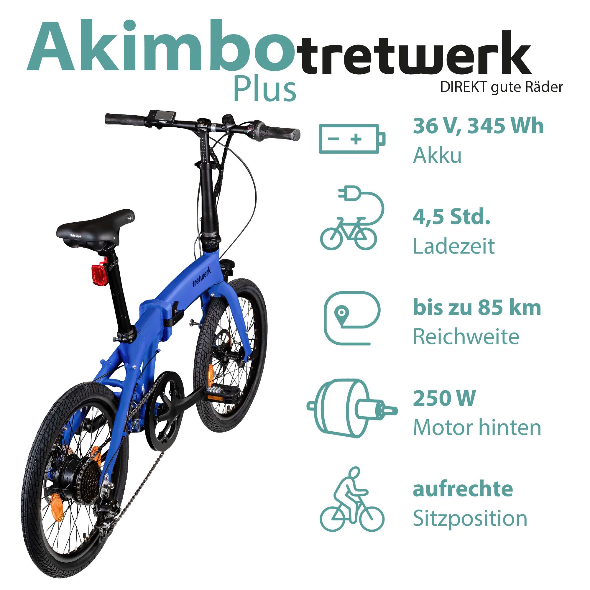 Tretwerk E-Bike Faltrad Akimbo Plus, 7 Gang Shimano Tourney Schaltwerk, Kettenschaltung, Heckmotor, 345 Wh, Pedelec, Elektrofahrrad für Damen und Herren