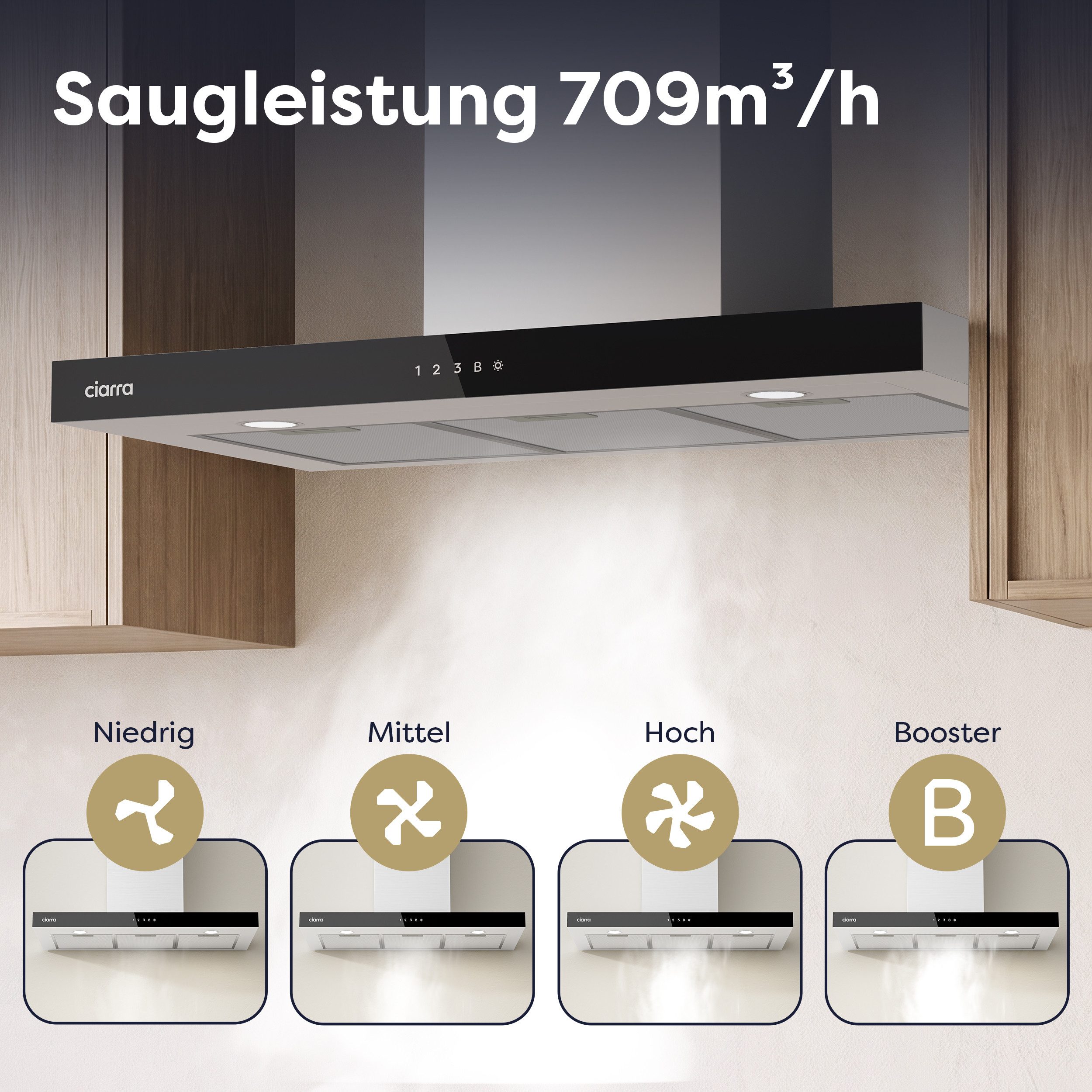 CIARRA Wandhaube 90 cm Dunstabzugshaube A+++ 709 m³/h Umluft & Abluft 4 Stufen CBCS9102 90 cm Dunstabzugshaube A+++ 709 m³/h Umluft & Abluft 4 Stufen CBCS9102, Kaminhaube leise WIFI-APP Touch Control Inkl. BOOST aus Edelstahl LED