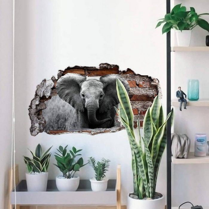 K&L Wall Art Wandtattoo 3D Wandtattoo Aufkleber Safari Tiere Kinderzimmer Jumbo der kleine Elefant Mauerdurchbruch Wandbild selbstklebend