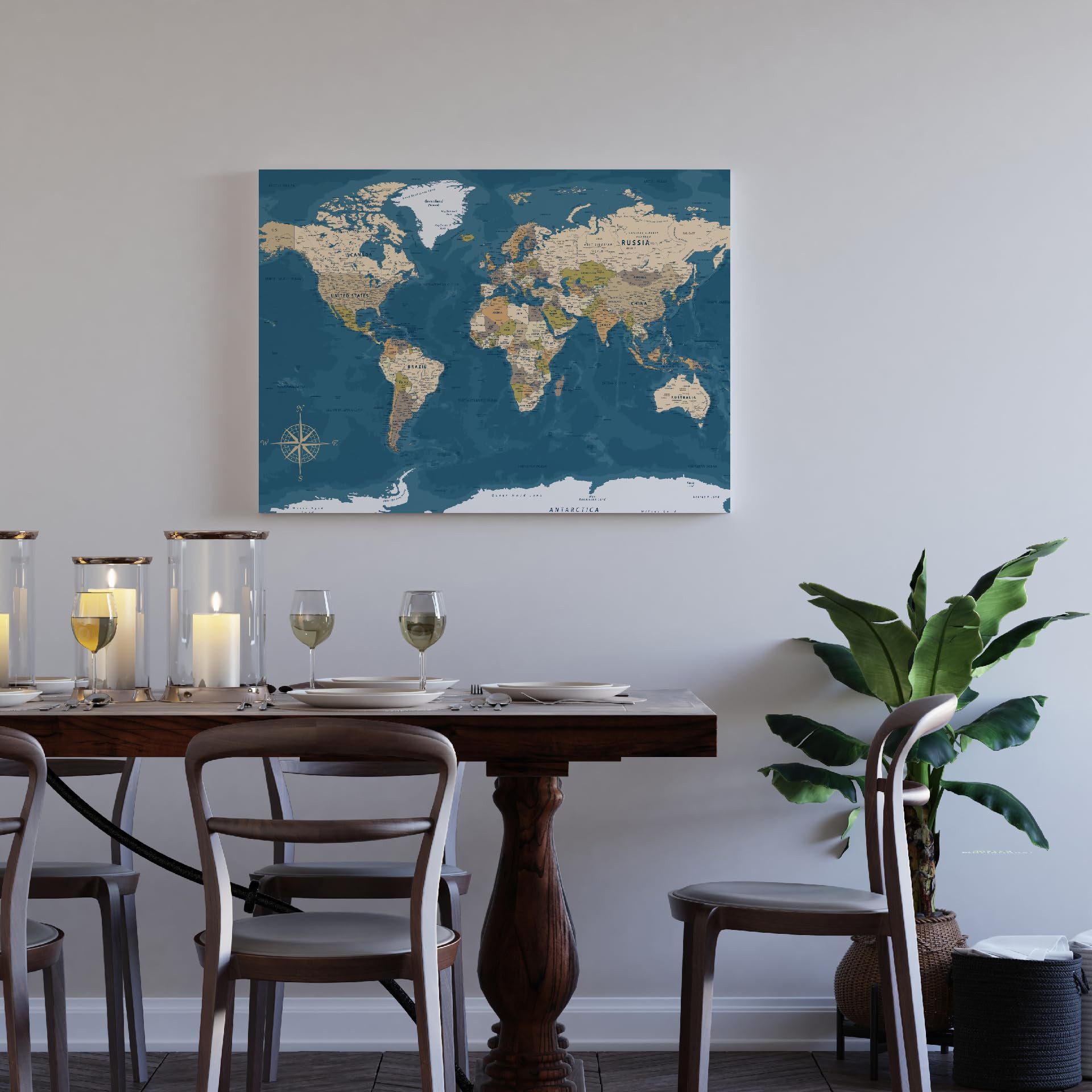 framed concept Leinwandbild als Weltkarte Kork-Pinnwand, pinne Deine Reisen und Erinnerungen, Englische Beschriftung inkl. 50 goldene Pins – Bild 4 von 5