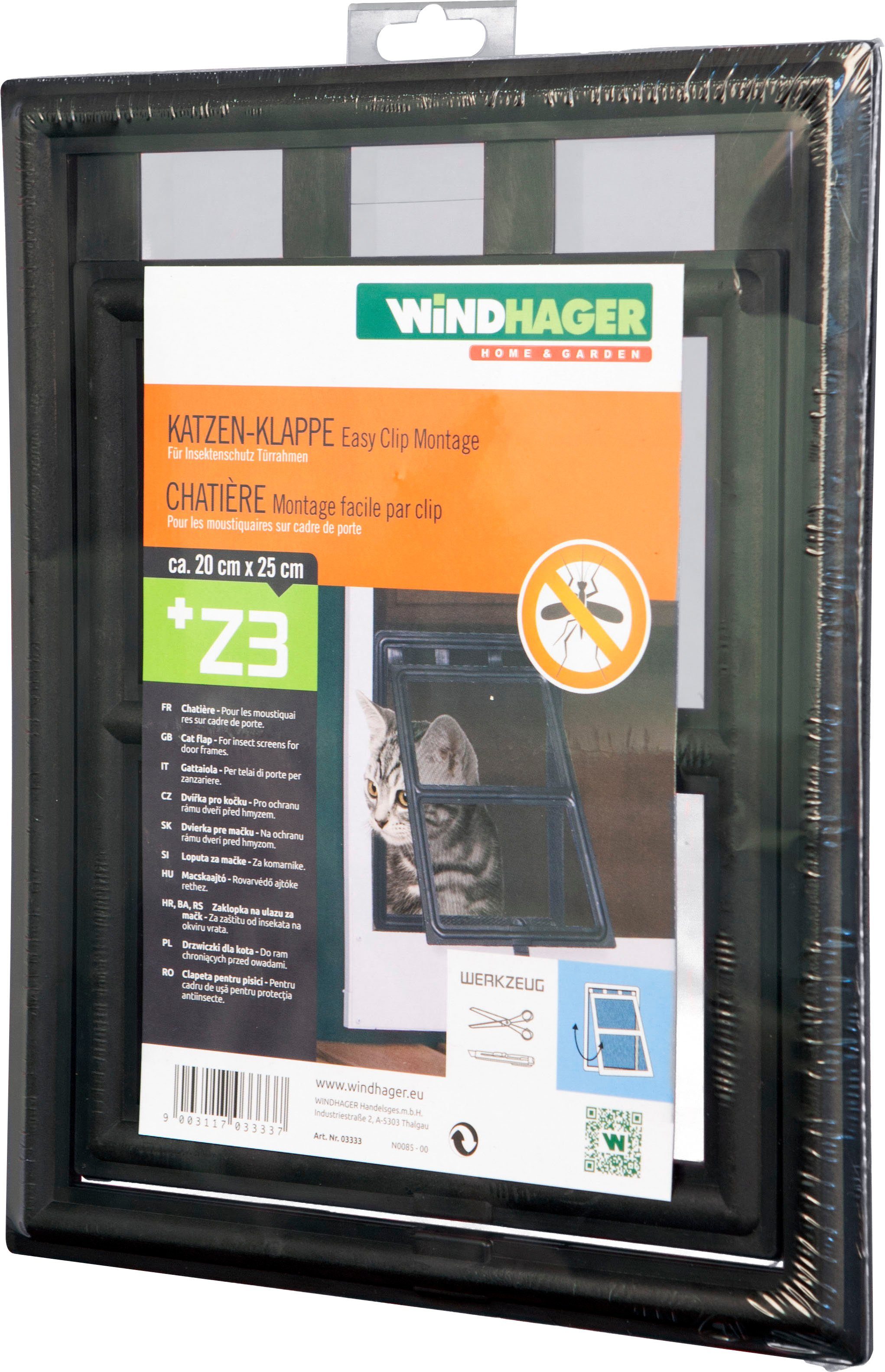 Windhager Katzenklappe für Fliegengitter Terrassen- und Balkontüren, robust und schwenkbar, Insektenschutz Katzentür Clip System ohne bohren, 20 x 25 cm, schwarz