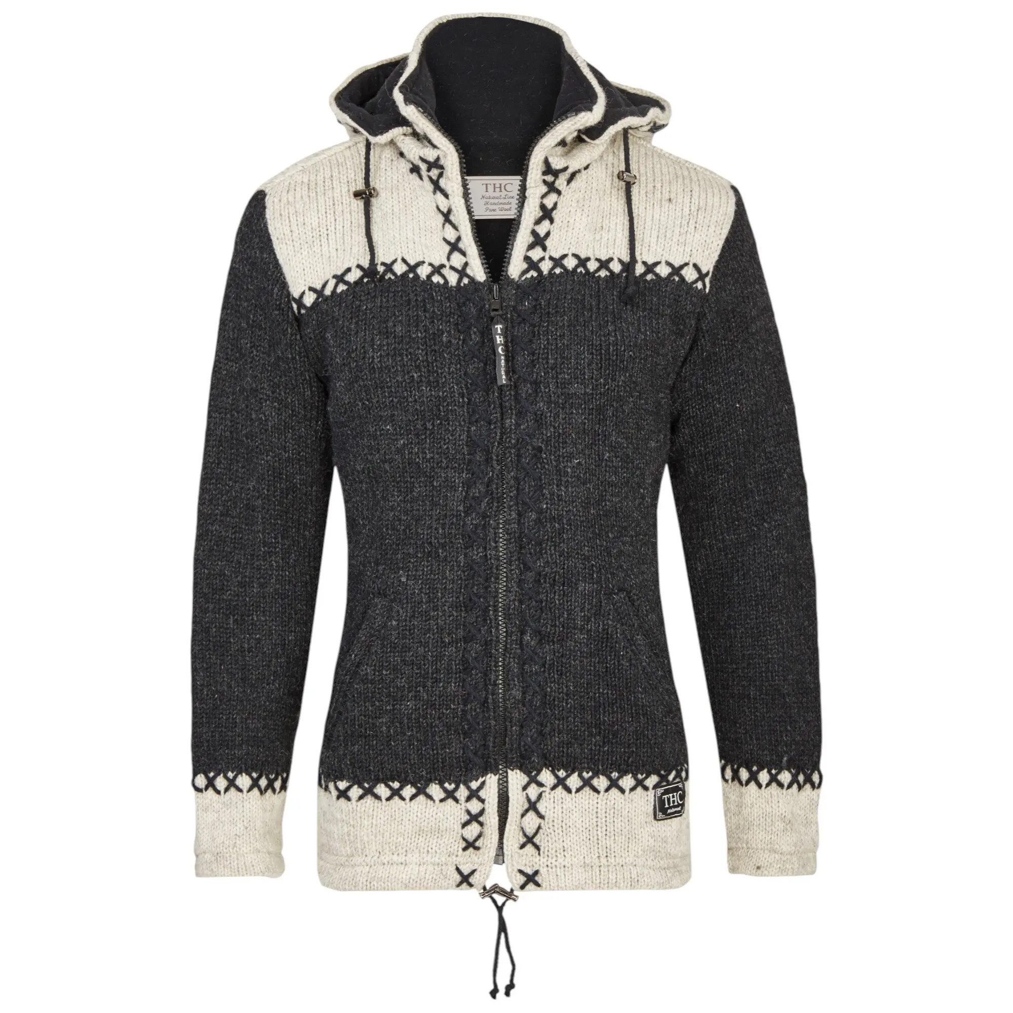 THC Natural Line Strickjacke THC Schafwollstrickjacke anthrazit weiß 511 (1 Stück, 1-tlg., 1 Stück) Strickjacke mit abnehmbarer Kapuze