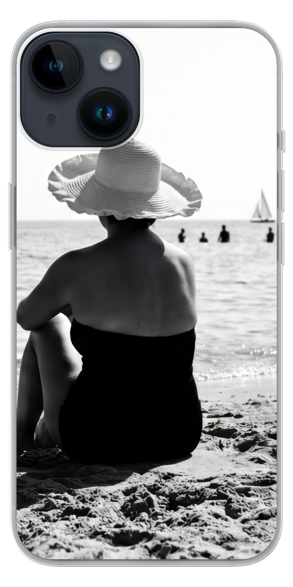 MuchoWow Handyhülle für Apple iPhone 14 Frauen - Sonnenhut - Strand - Schwarz - Weiß, Smartphone-Bumper, Print, Handy Schutzhülle Dünn