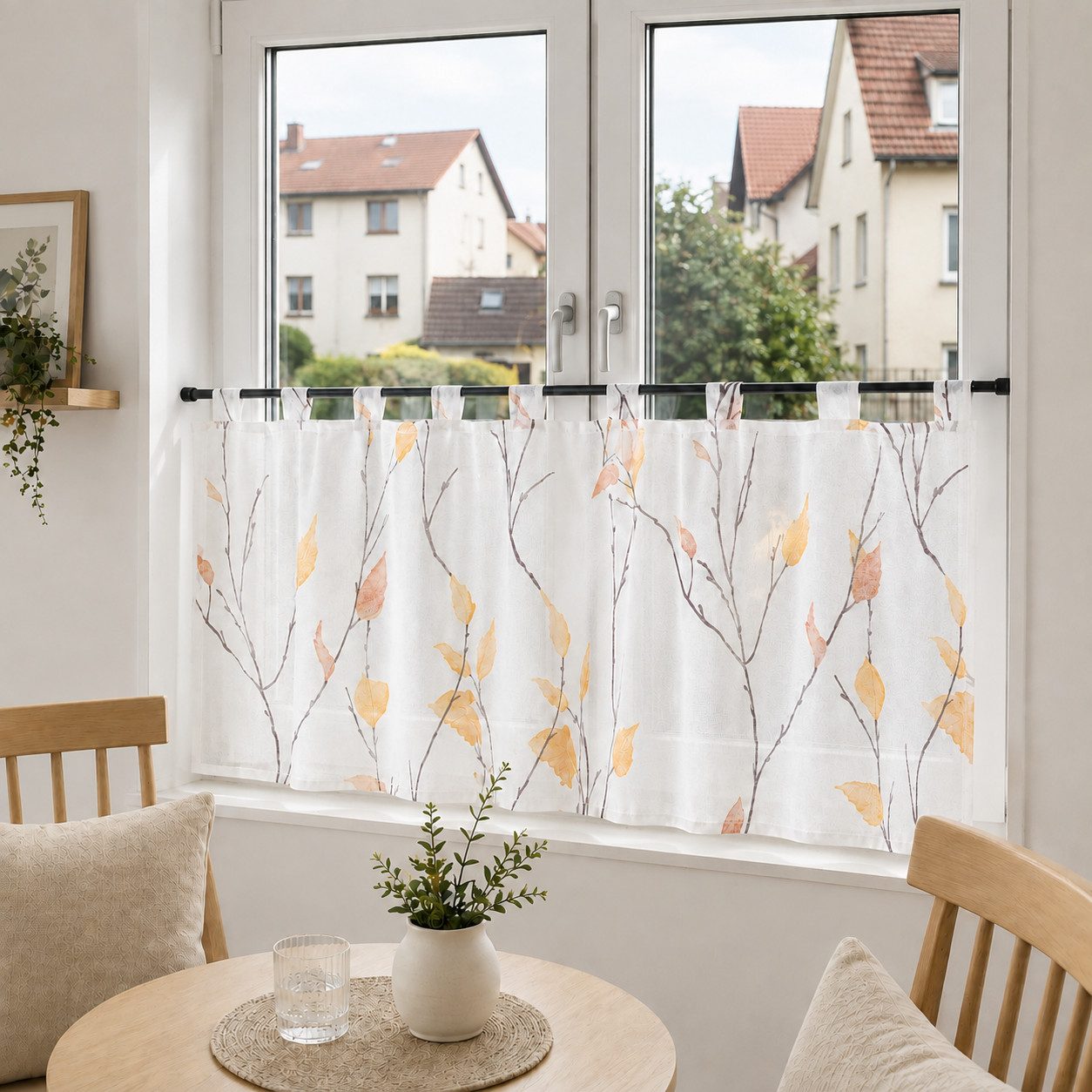 Joyswahl Scheibengardine (1 St), Schlaufen, transparent, Voile Landhausstil Weiß Kurzstores mit Blatt- und Blumenmuster