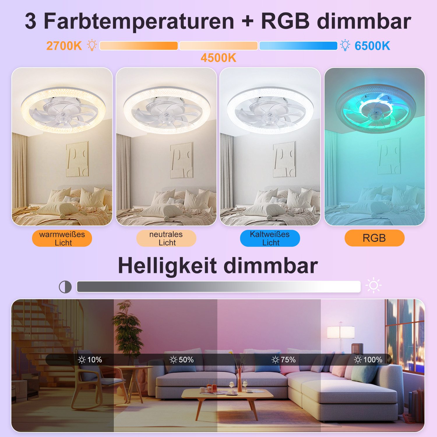 WILGOON Deckenleuchte Deckenventilator mit Beleuchtung, Music RGB Dimmbar mit Fernbedienung, Luftzirkulationsfunktion + Music, LED fest integriert, Warmweiß, Neutralweiß, Kaltweiß, RGB Farbwechsel, Schlafzimmer Leise Ventilator mit Bluetooth für Wohnzimmer Küche Hotel