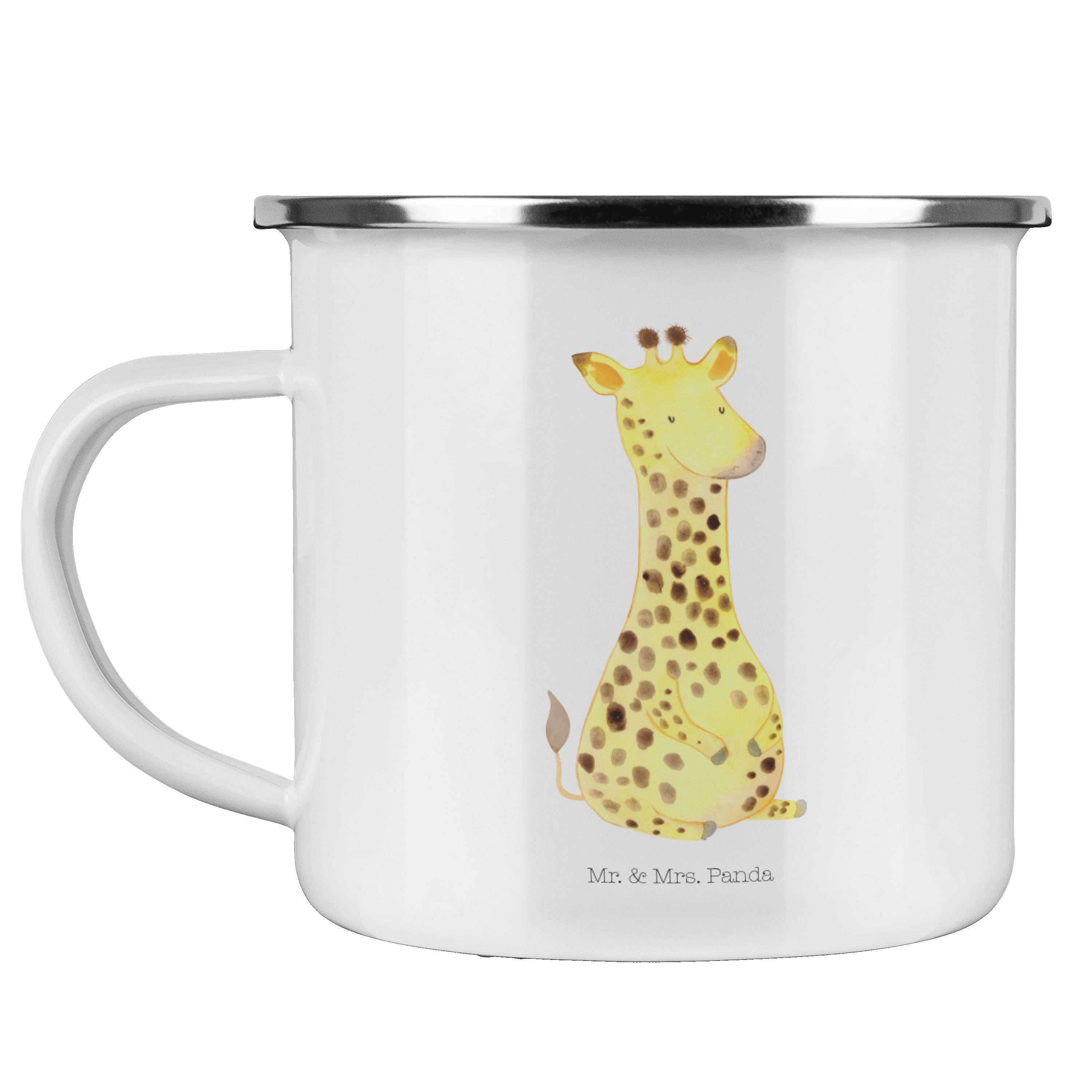 Mr. & Mrs. Panda Becher Giraffe Zufrieden - Weiß - Geschenk, Afrika, Wildtiere, Emaille Trink, Emaille